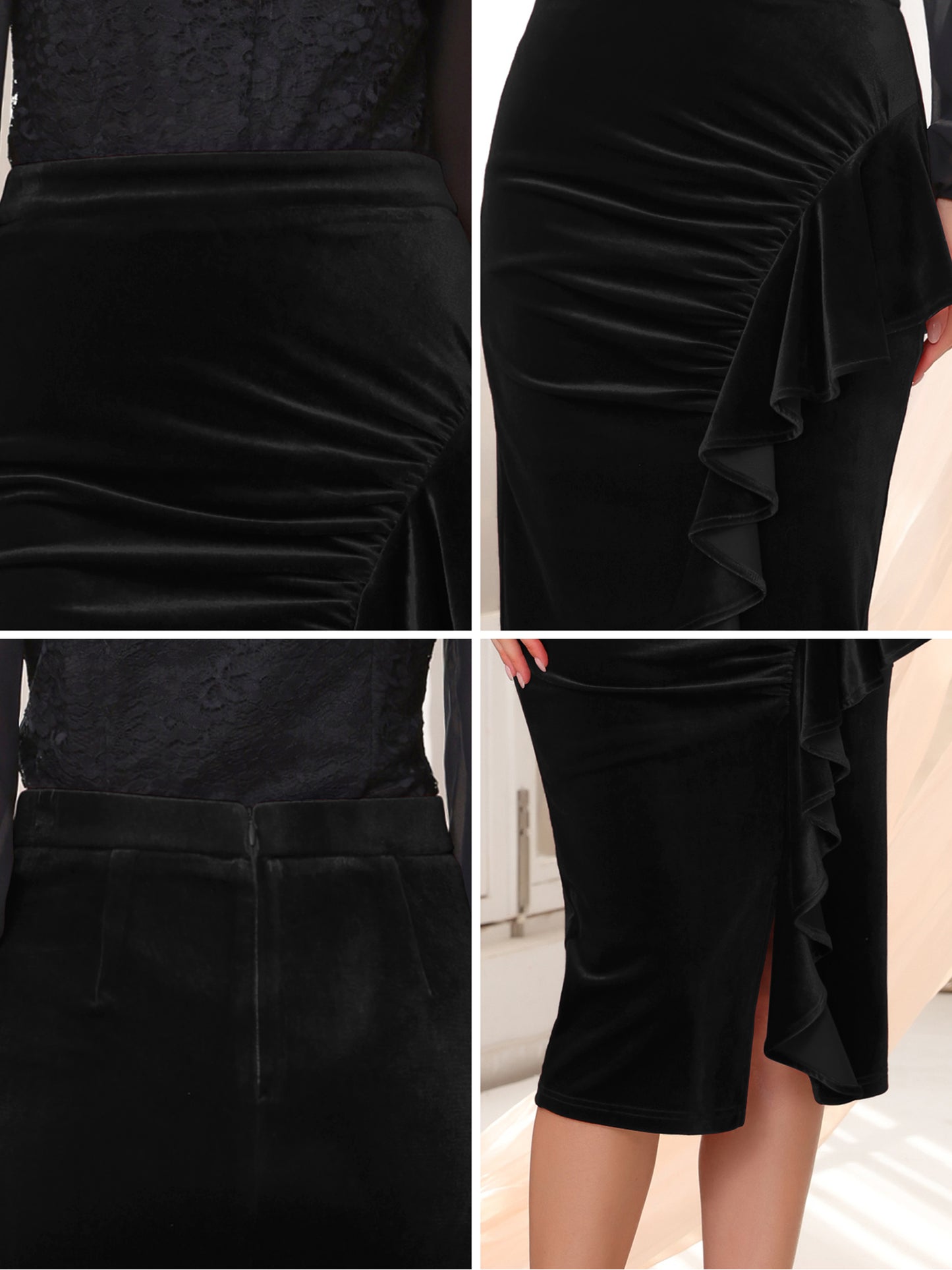 Women's Velvet Ruched High Waist Bodycon Formal Evening Cocktail Midi Pencil Skirt
