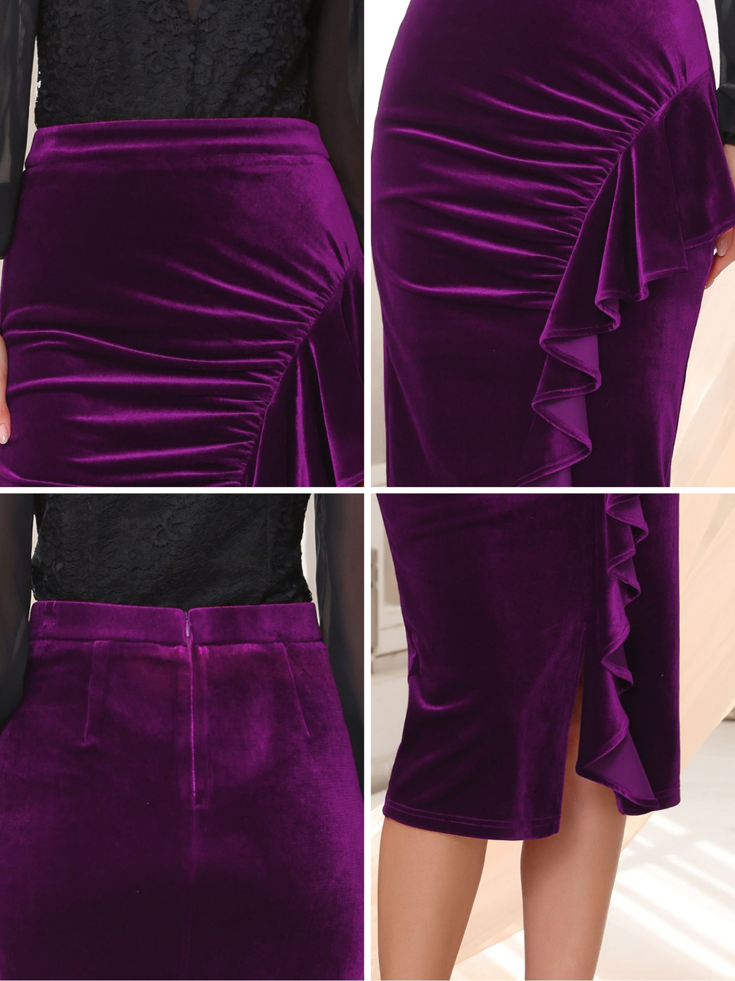 Women's Velvet Ruched High Waist Bodycon Formal Evening Cocktail Midi Pencil Skirt