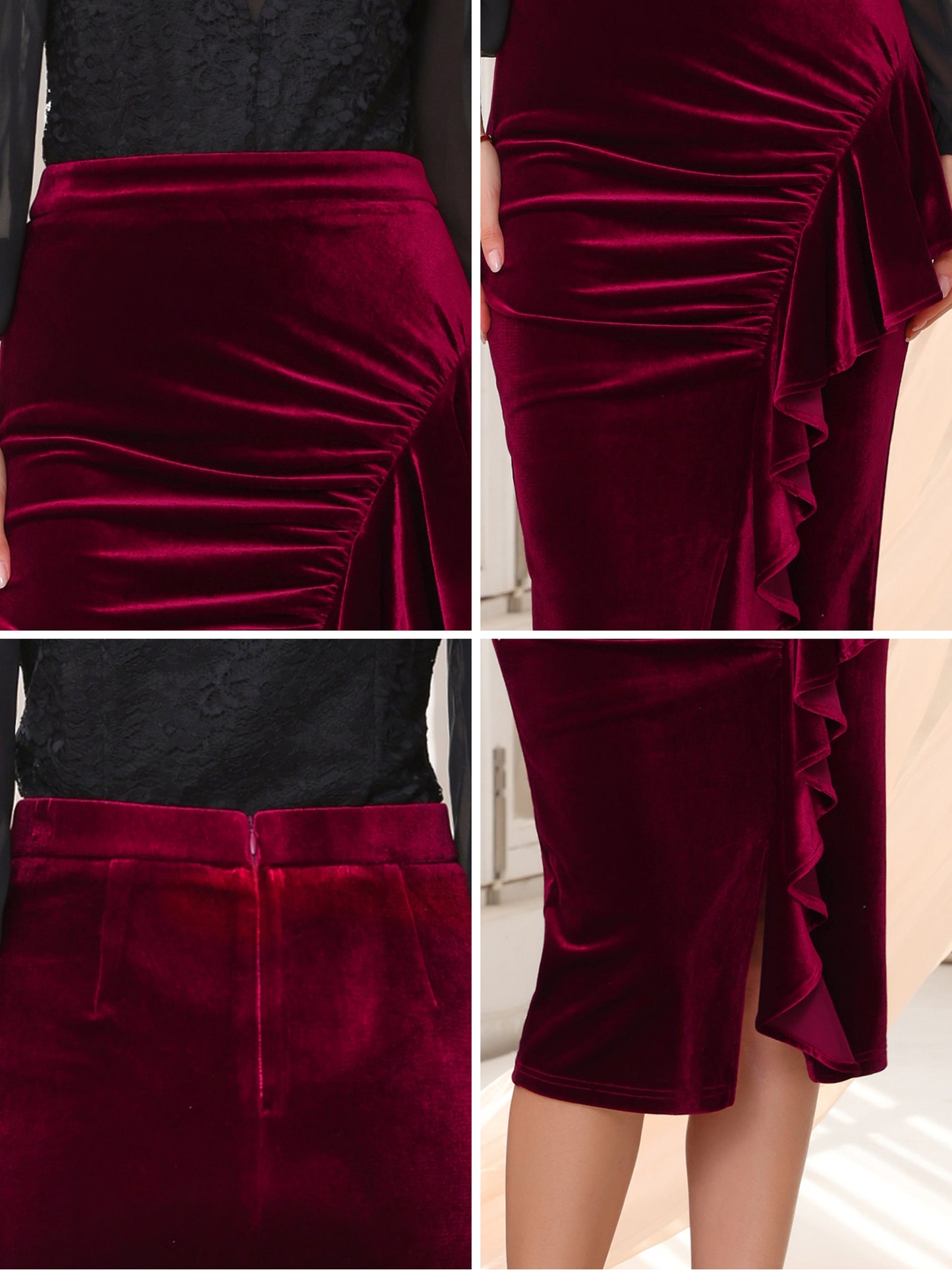 Women's Velvet Ruched High Waist Bodycon Formal Evening Cocktail Midi Pencil Skirt