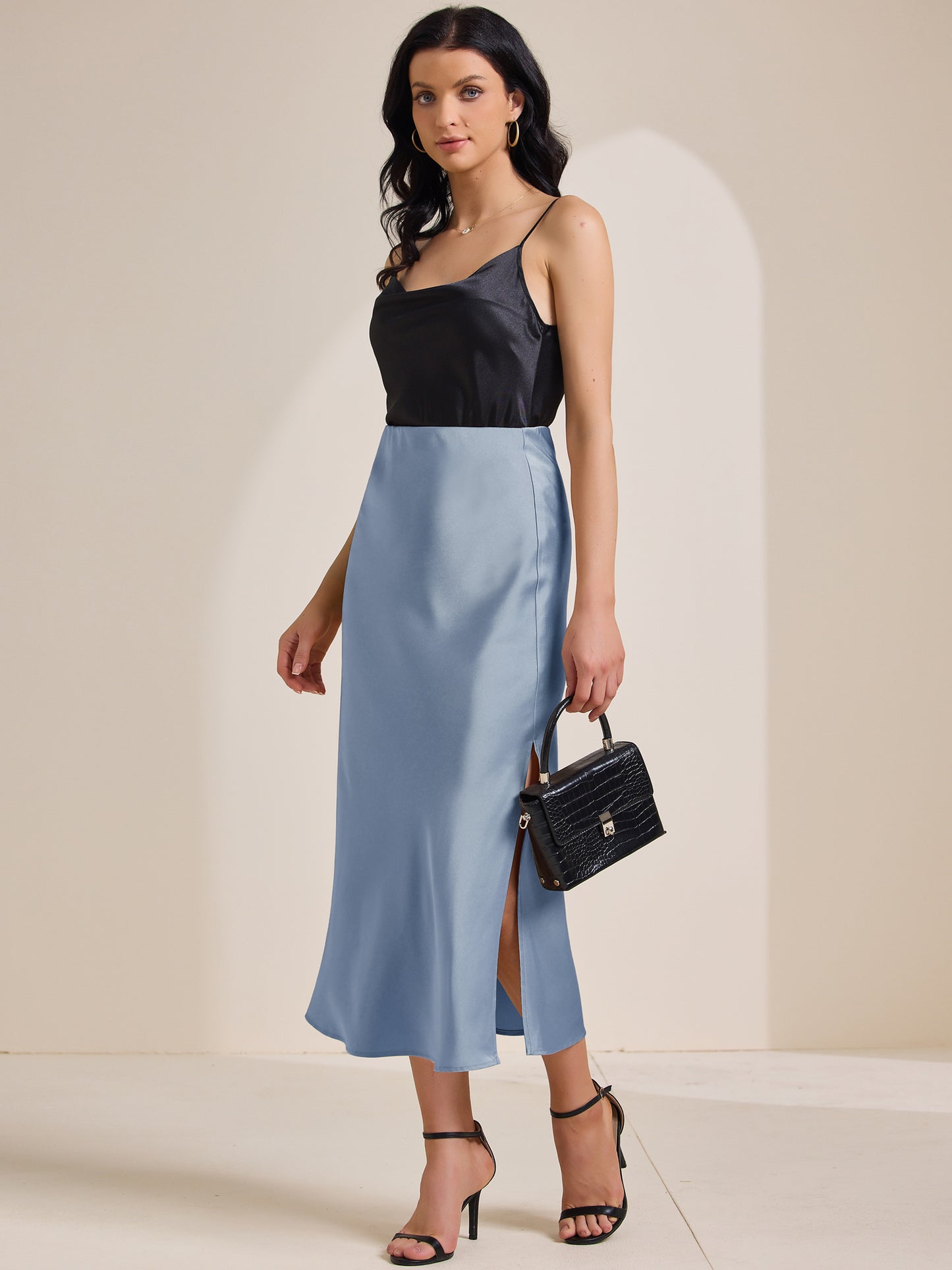 Women's Satin Elastic High Waist Side Slit Elegant Flowy Maxi Skirt