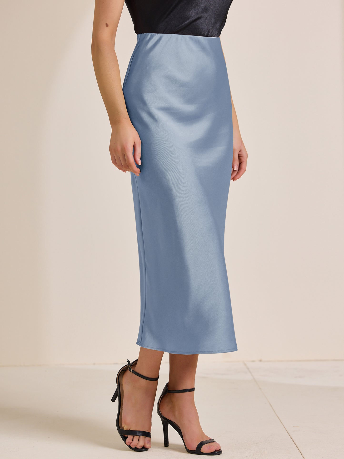 Women's Satin Elastic High Waist Side Slit Elegant Flowy Maxi Skirt