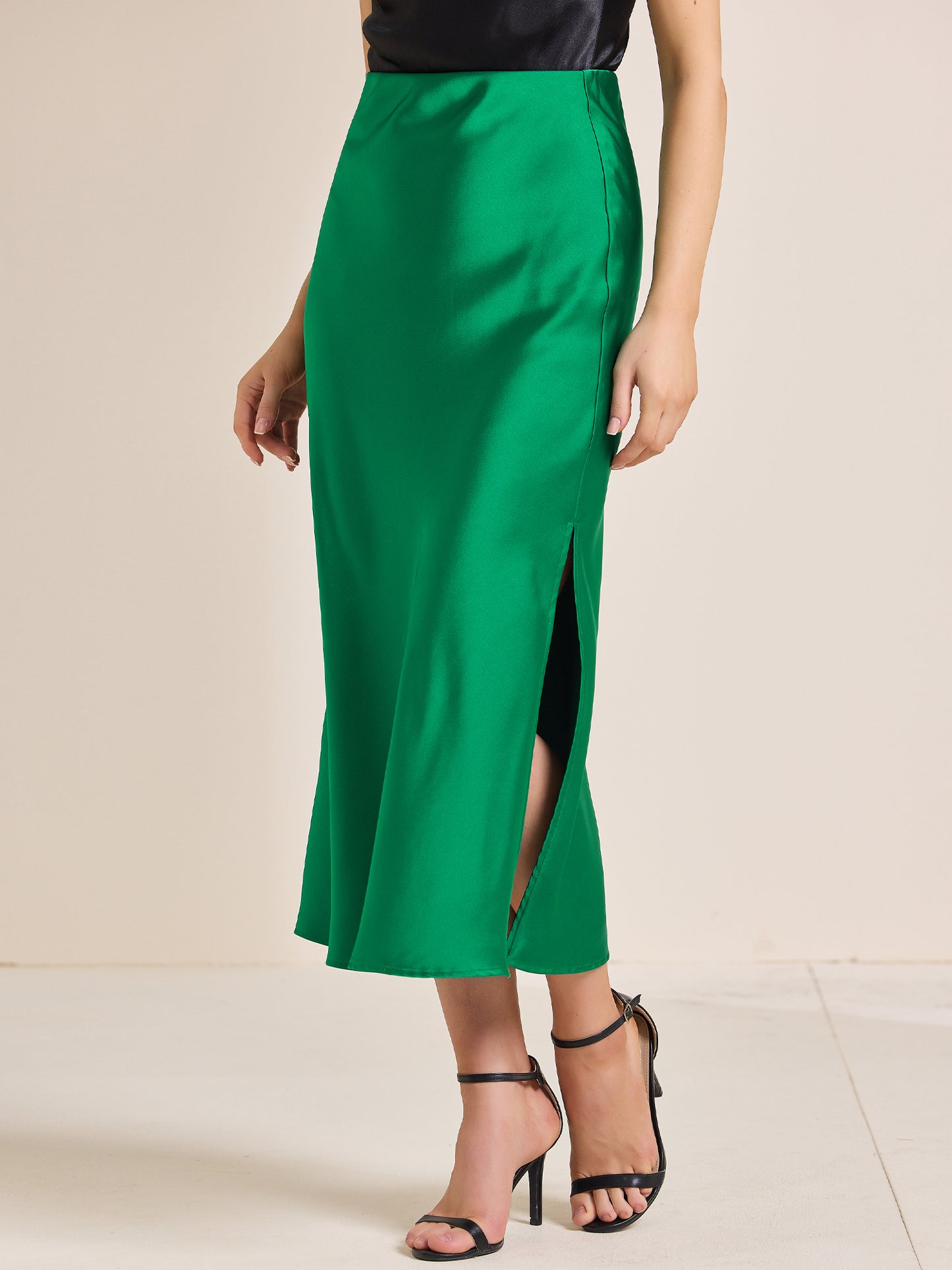 Women's Satin Elastic High Waist Side Slit Elegant Flowy Maxi Skirt