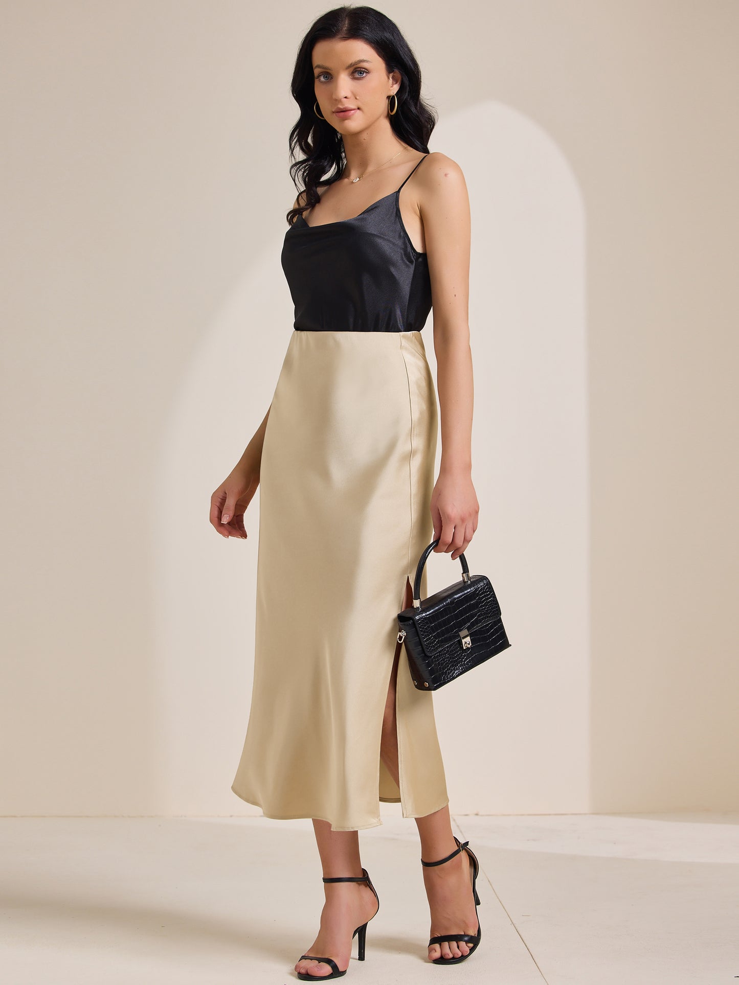Women's Satin Elastic High Waist Side Slit Elegant Flowy Maxi Skirt