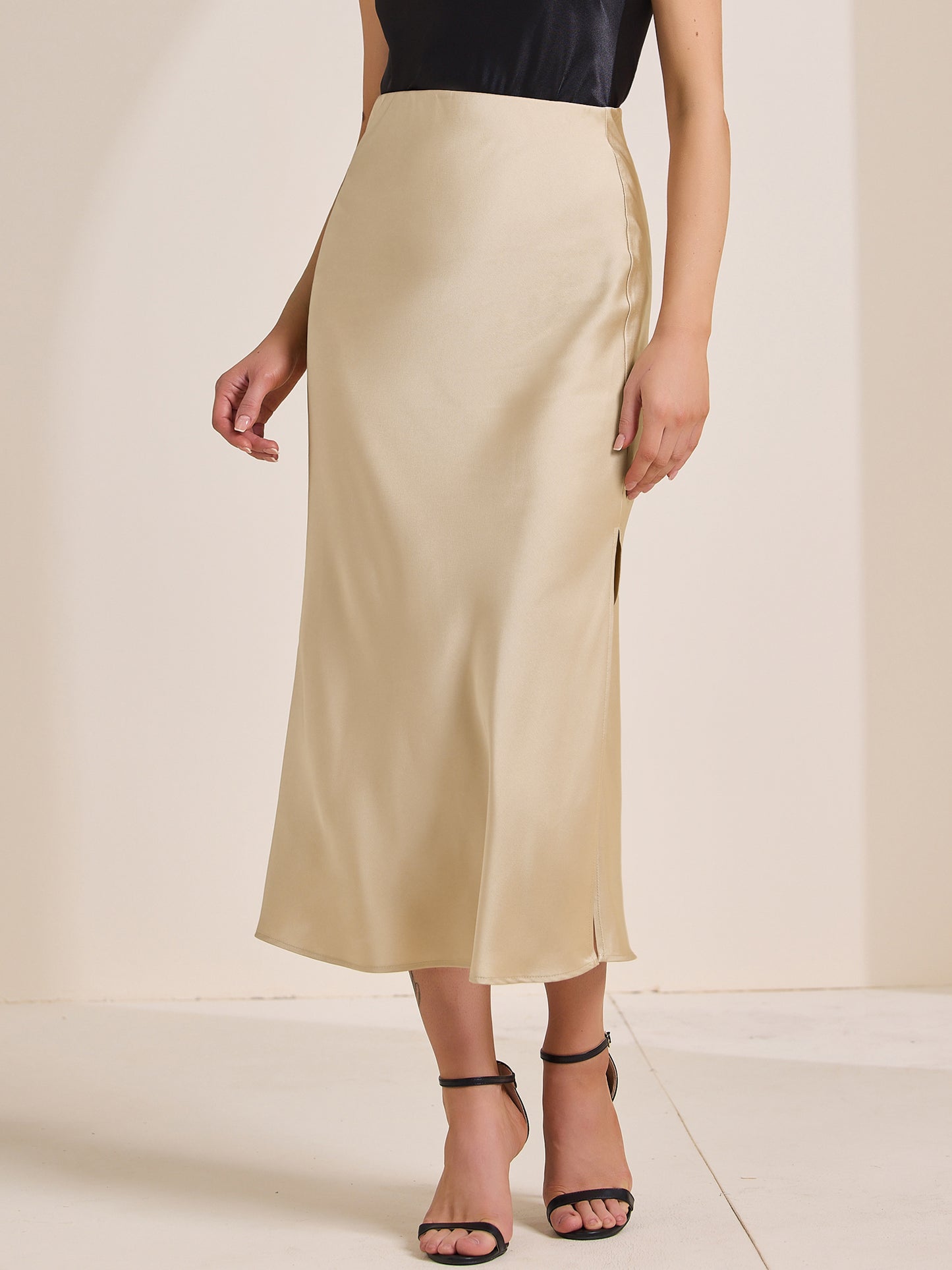 Women's Satin Elastic High Waist Side Slit Elegant Flowy Maxi Skirt