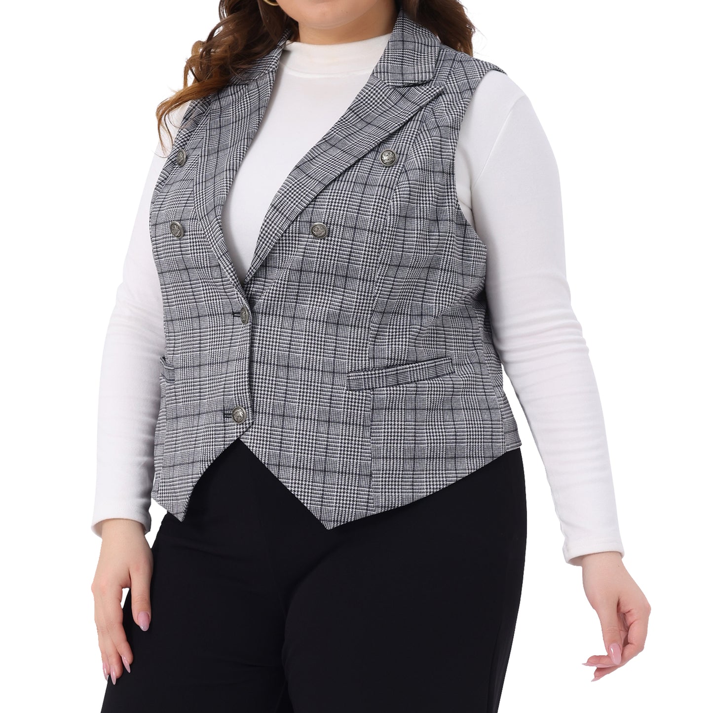 Women Plus Size Checkered Vest Lined Waistcoat Retro Office Work Plaid Vest