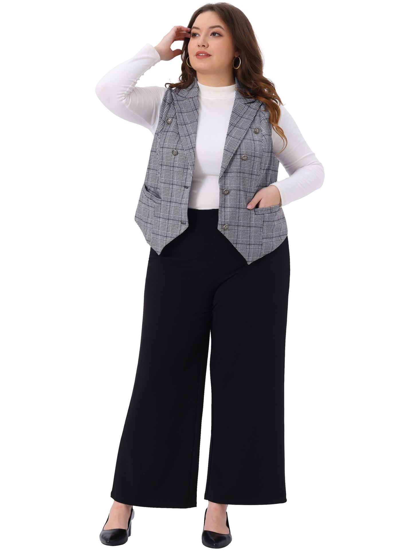Women Plus Size Checkered Vest Lined Waistcoat Retro Office Work Plaid Vest
