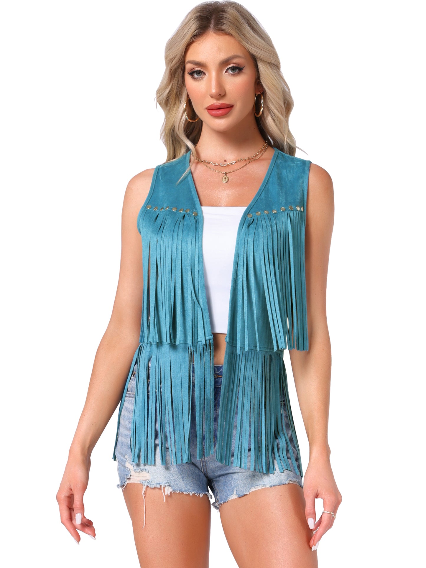 Women's Open Front Vintage Faux Suede Tassel Fringe Vest