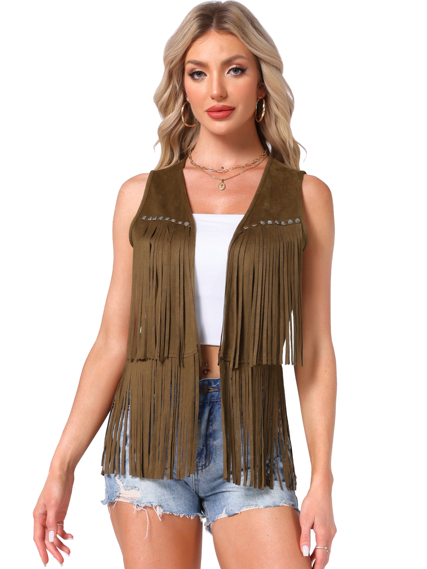 Women's Open Front Vintage Faux Suede Tassel Fringe Vest
