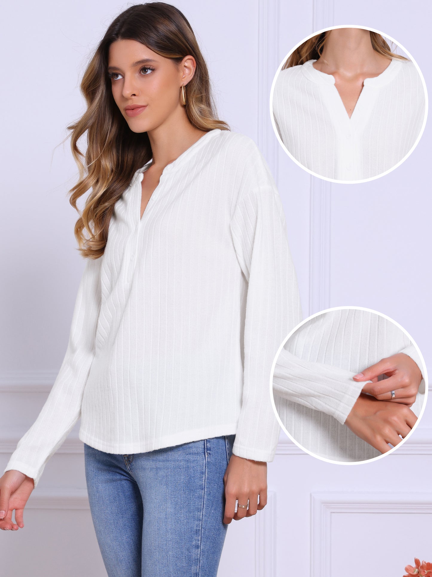 Women's Casual V Neck Knit Textured Blouses Long Sleeve Shirts Blouse