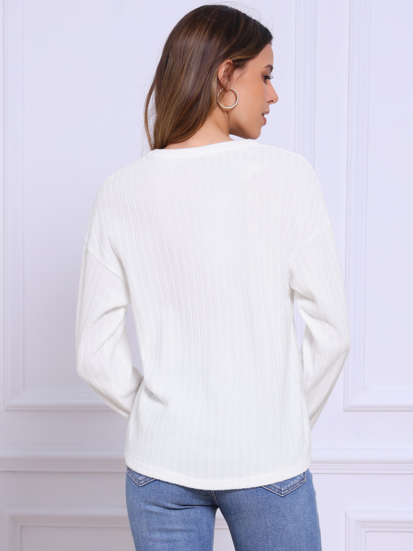 Women's Casual V Neck Knit Textured Blouses Long Sleeve Shirts Blouse
