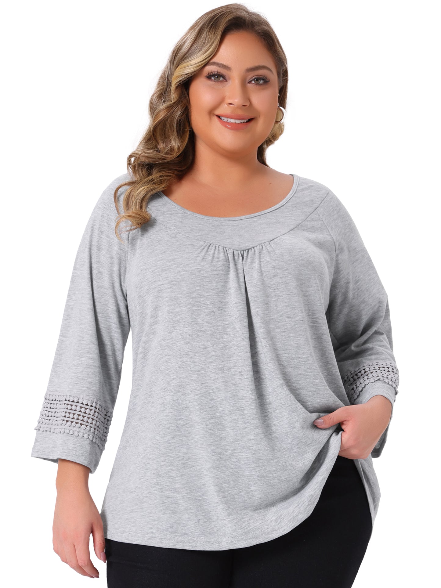 Women's Plus Size Tops Long Sleeve Crochet Panel Hollow Out Pleated Tunics Blouse