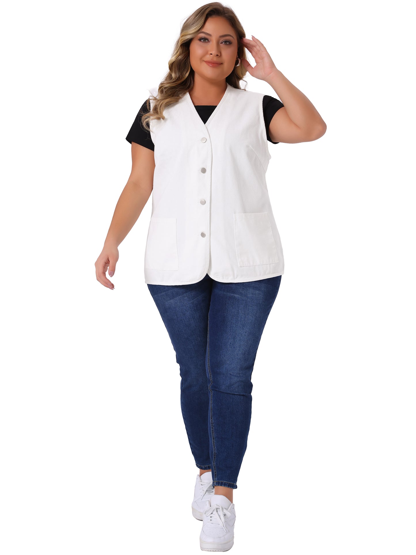 Women Plus Size Denim Vest Top Button Down V Neck Waistcoat Sleeveless Jean Jacket Vest