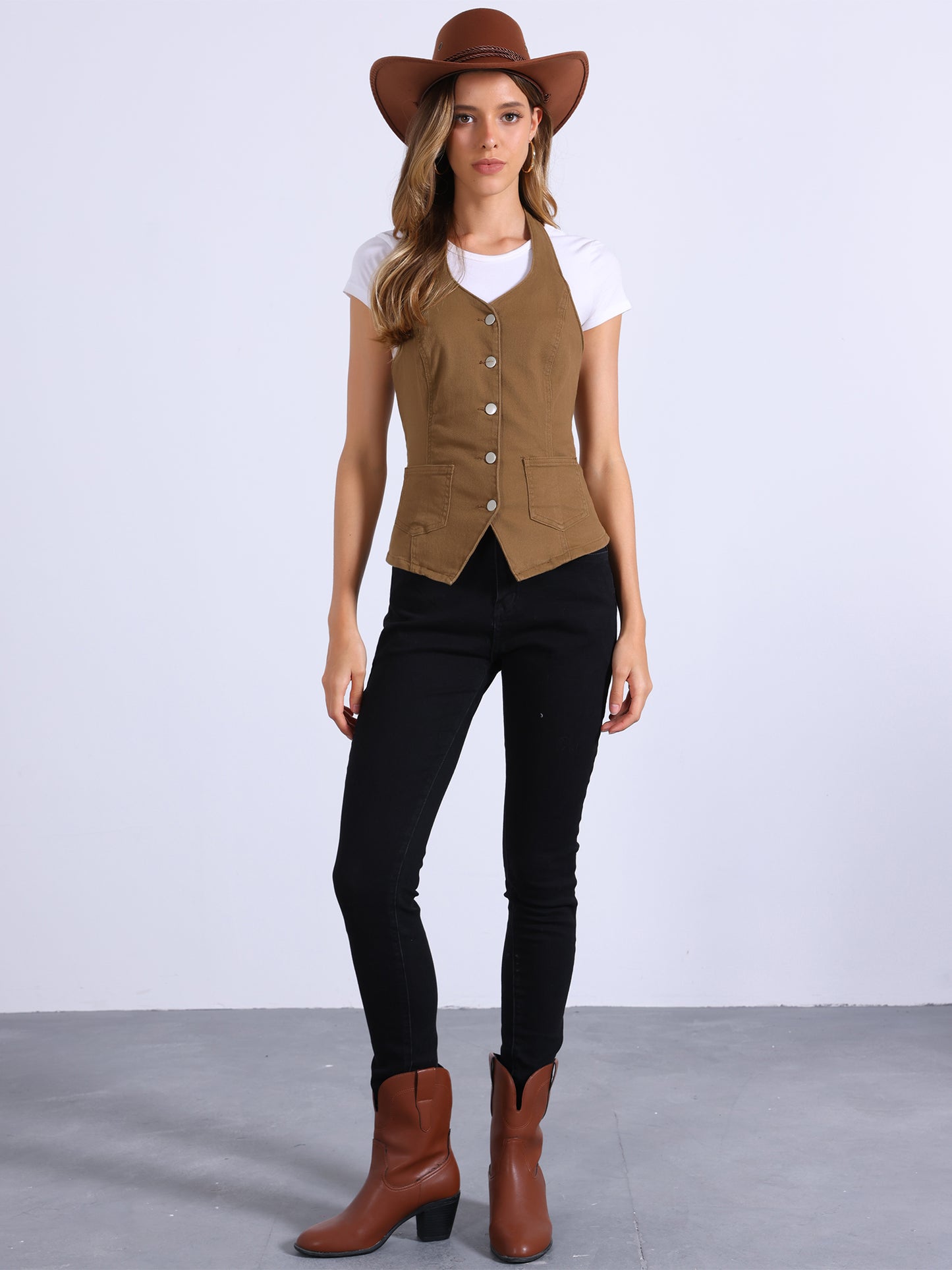 Women's Halter Neck Button Down Backless Denim Vest Waistcoat