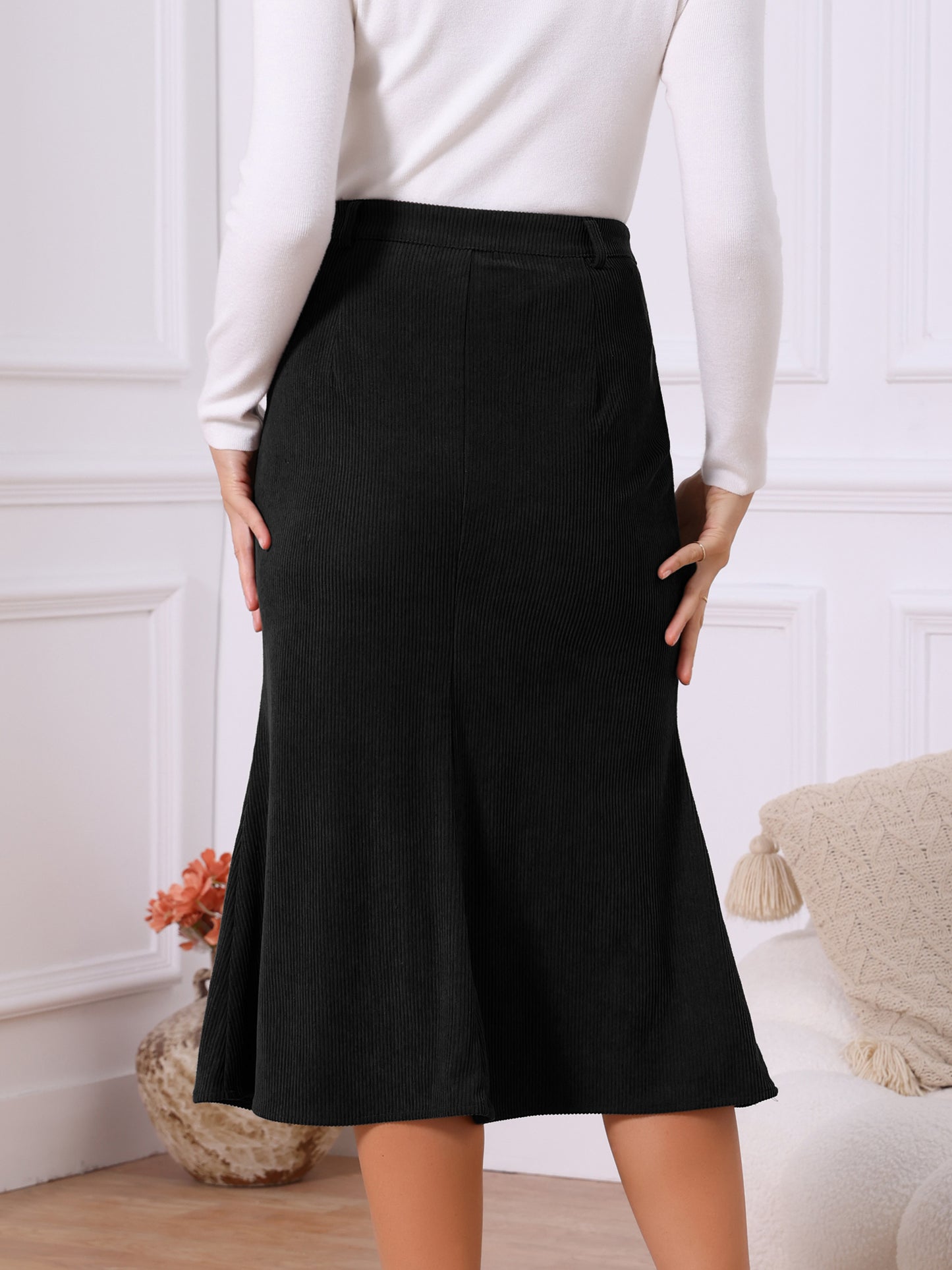Women's Corduroy High Waist Button Front Fishtail Skirt Midi Winter Skirt