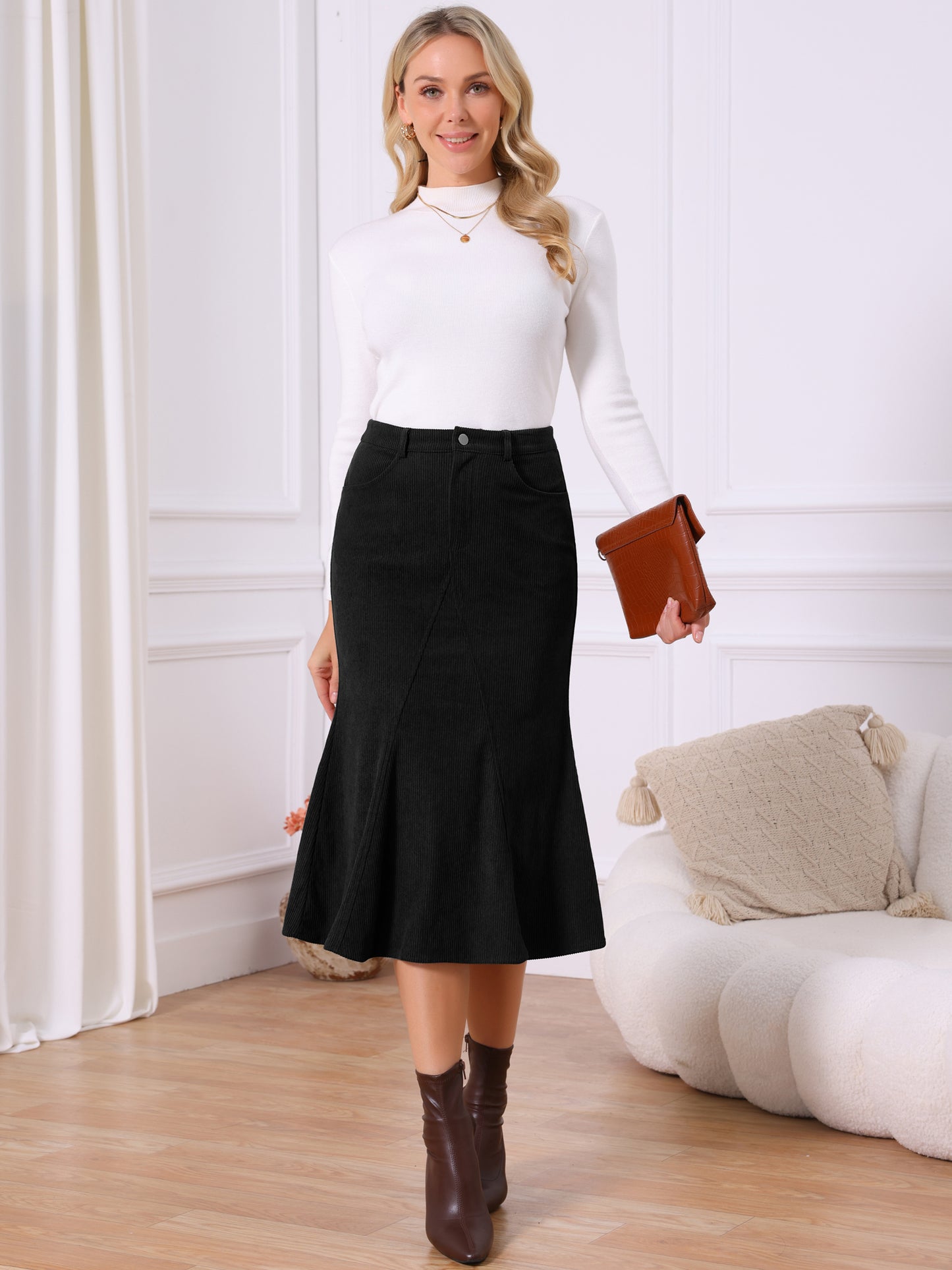 Women's Corduroy High Waist Button Front Fishtail Skirt Midi Winter Skirt