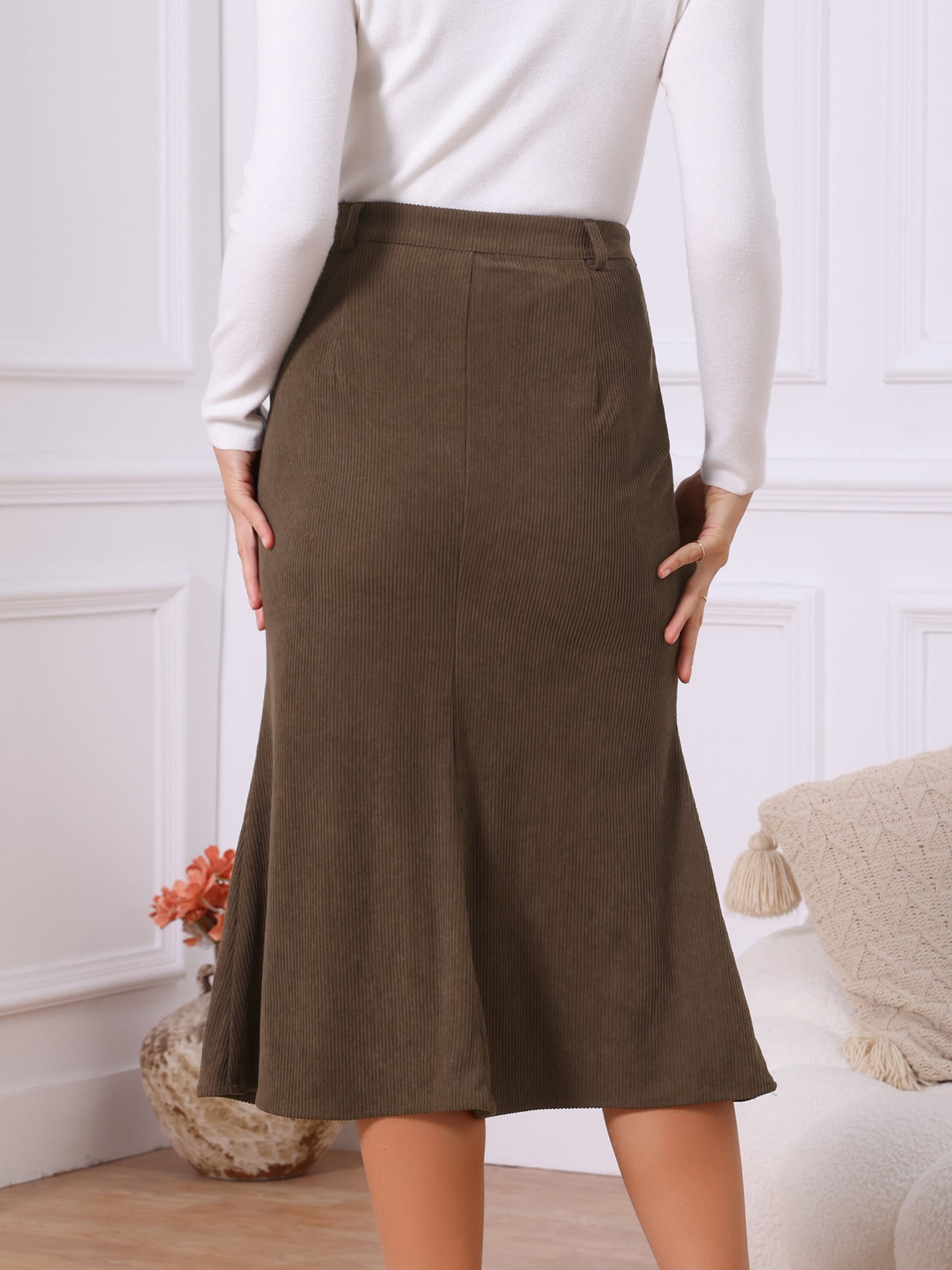 Falda midi de invierno de pana con cintura alta y botones delanteros de cola de pez para mujer