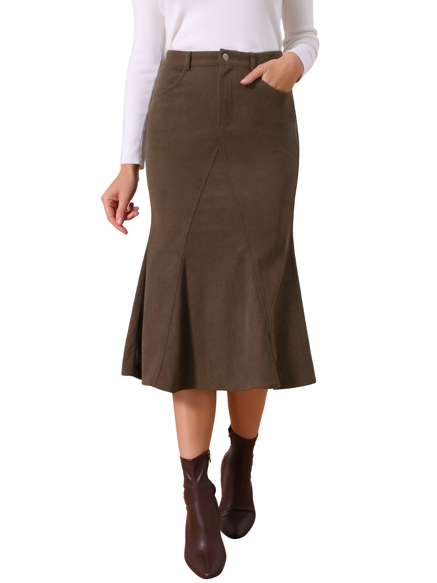 Falda midi de invierno de pana con cintura alta y botones delanteros de cola de pez para mujer