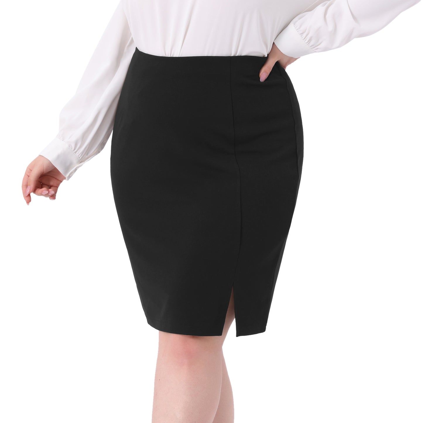 Womens Plus Size Pencil Skirt Knee Length High Waist Stretchy Bodycon Formal Business Work Skirt Side Slit