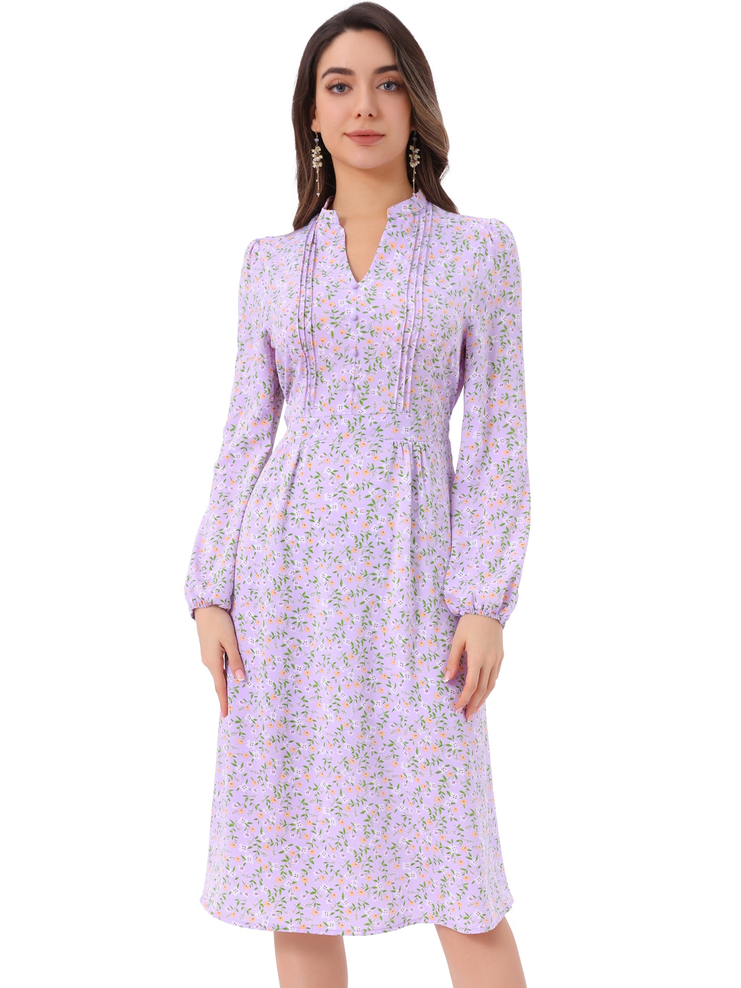 Women's Floral Print V Neck Long Sleeve High Waist Pleated Front Spring Flowy Midi Boho Dress