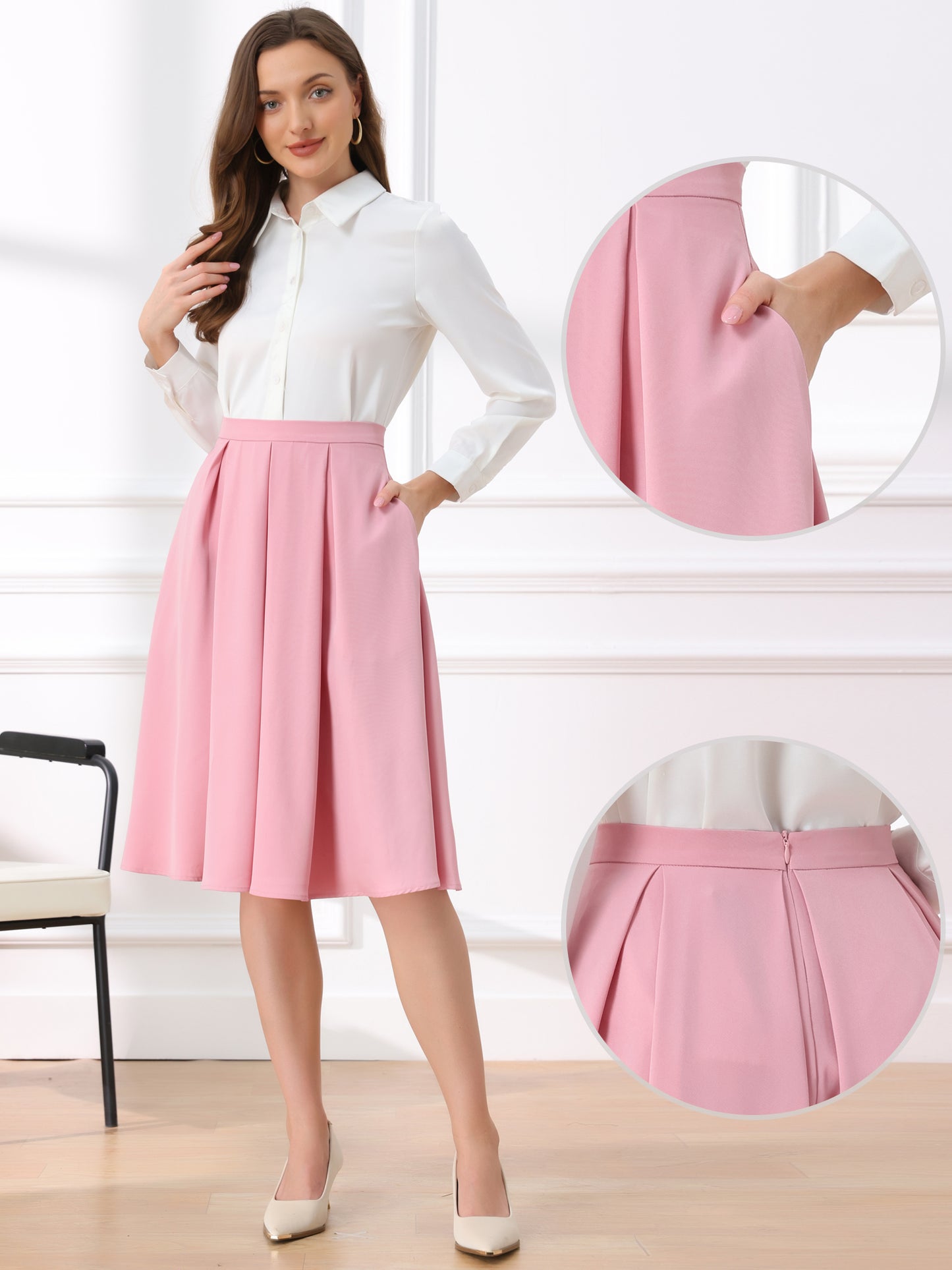 Women's High Waist A-Line Flare Pleated Knee Length Skirt with Pocket