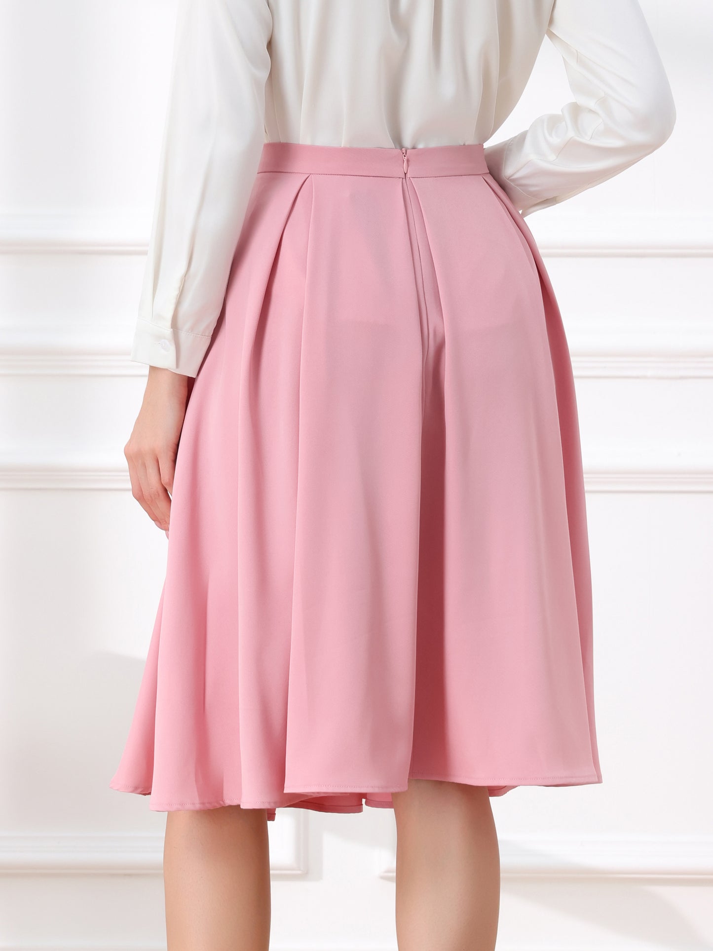 Women's High Waist A-Line Flare Pleated Knee Length Skirt with Pocket