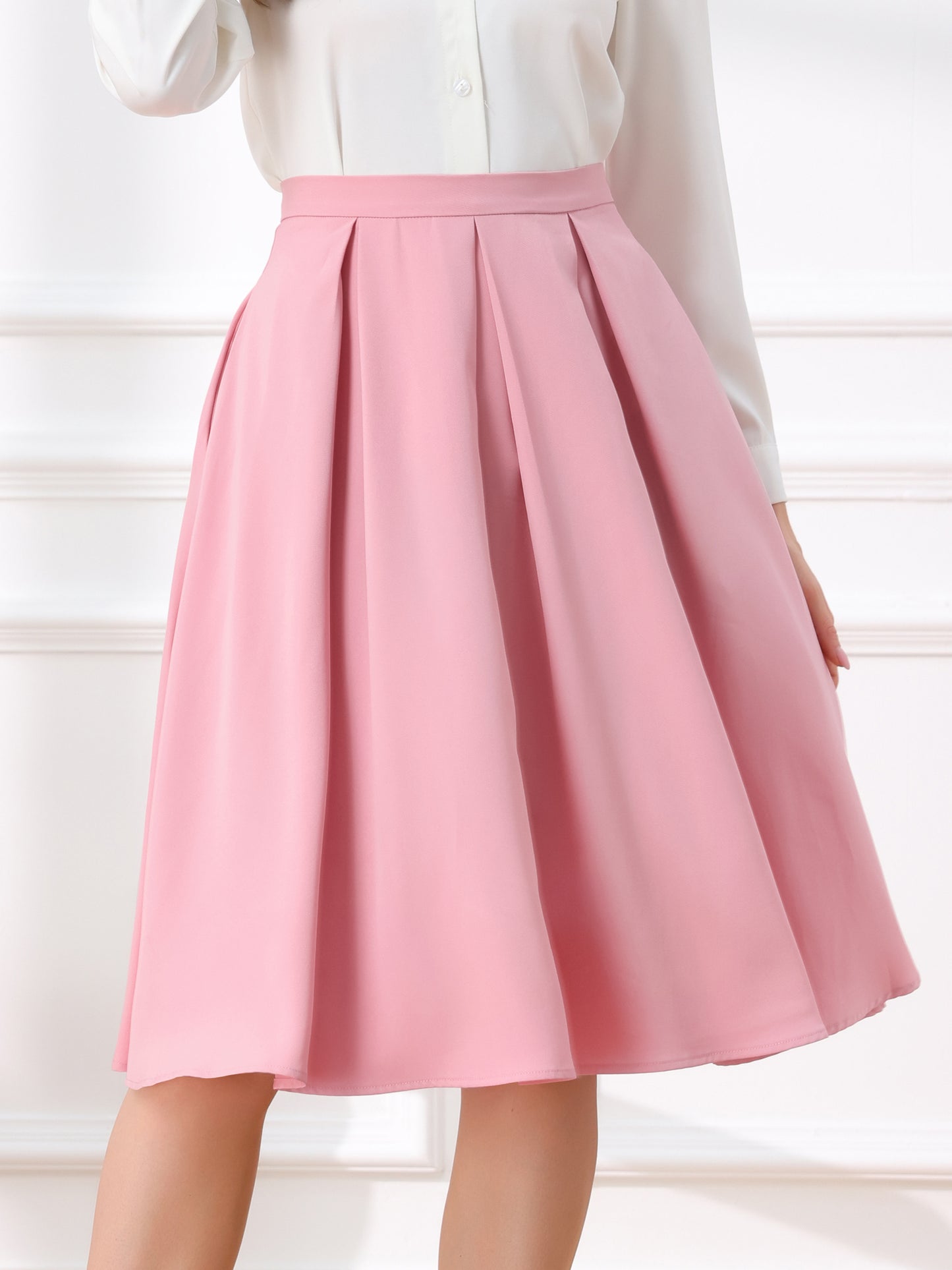 Women's High Waist A-Line Flare Pleated Knee Length Skirt with Pocket