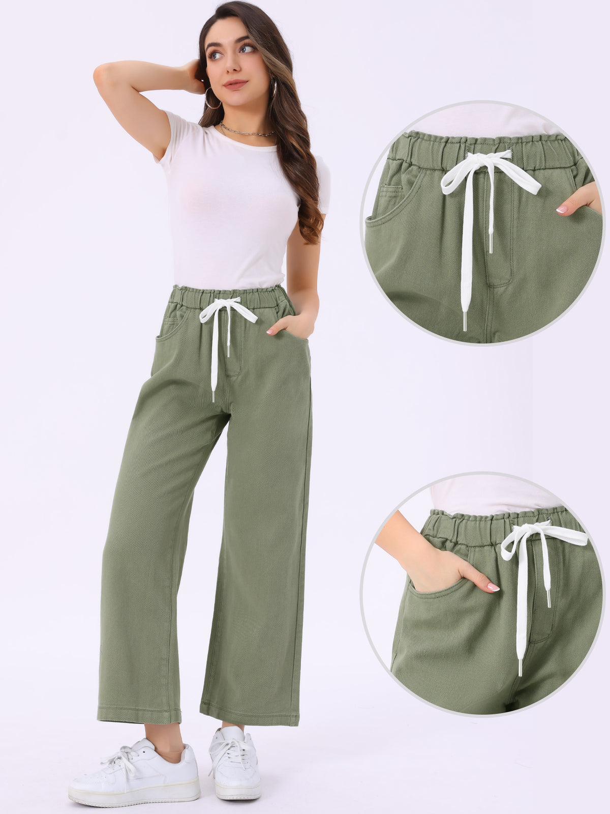 Women's Casual Denim Pants Baggy Drawstring Elastic Waist Wide Legs Jeans
