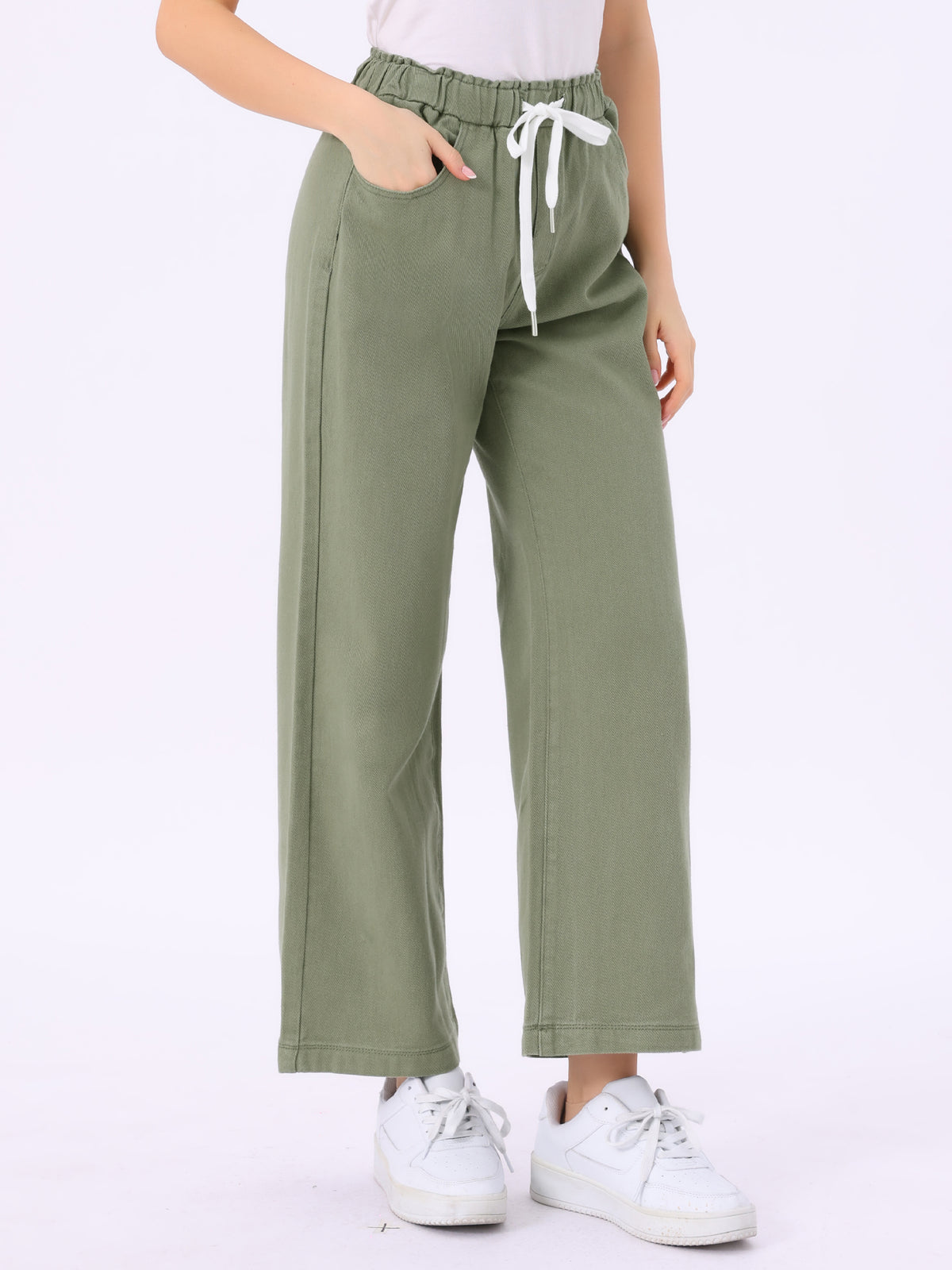 Women's Casual Denim Pants Baggy Drawstring Elastic Waist Wide Legs Jeans
