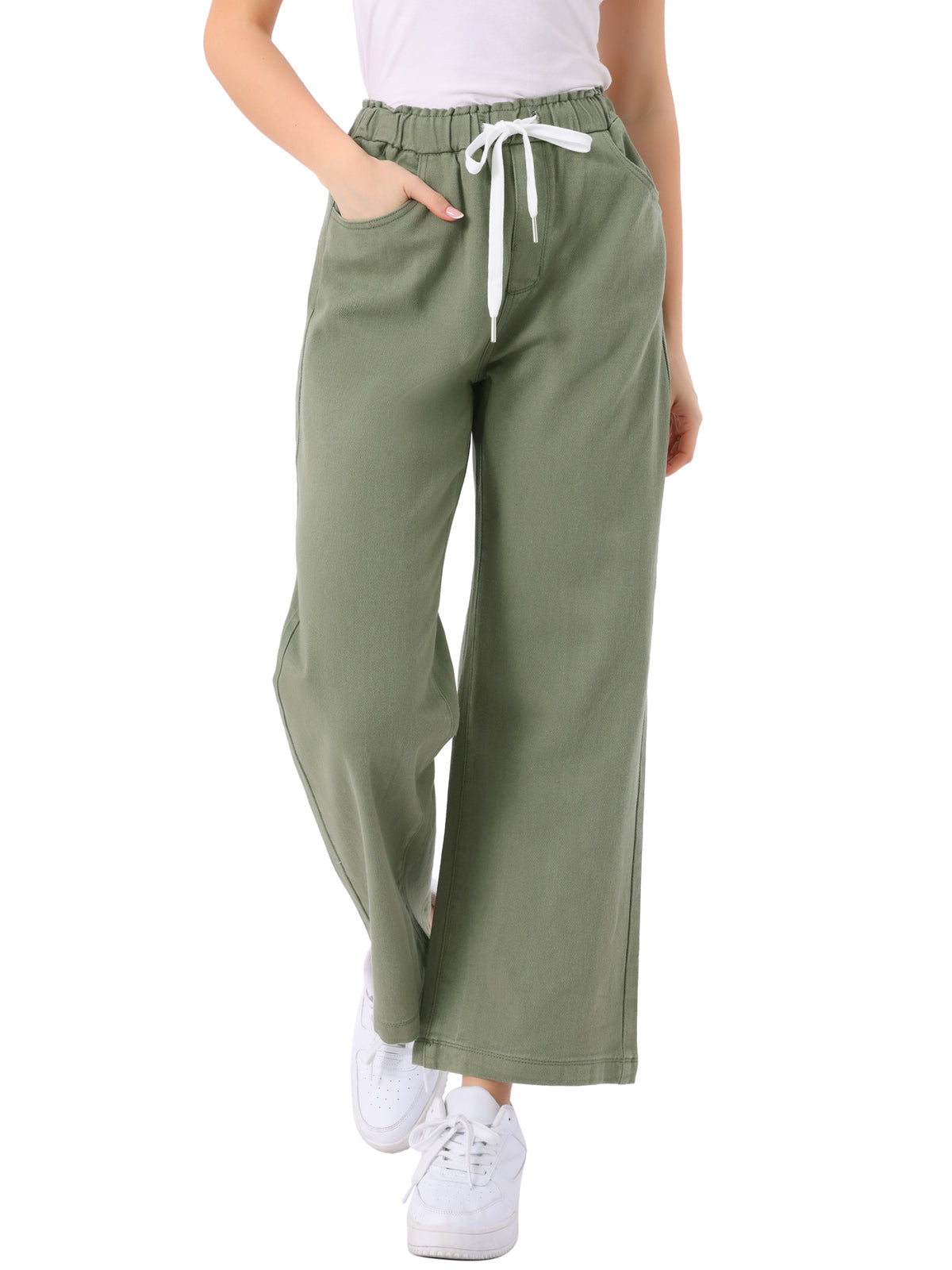 Women's Casual Denim Pants Baggy Drawstring Elastic Waist Wide Legs Jeans