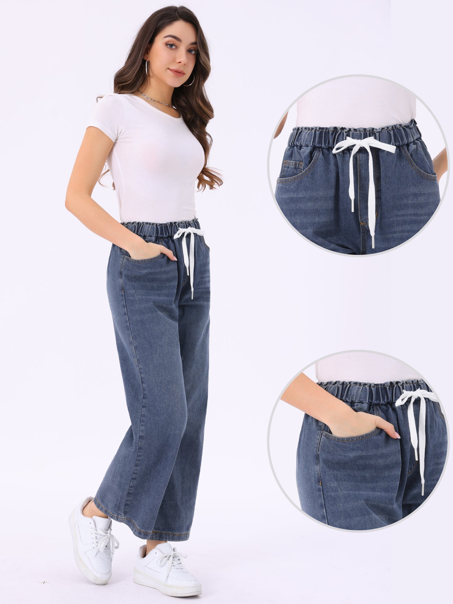 Women's Casual Denim Pants Baggy Drawstring Elastic Waist Wide Legs Jeans