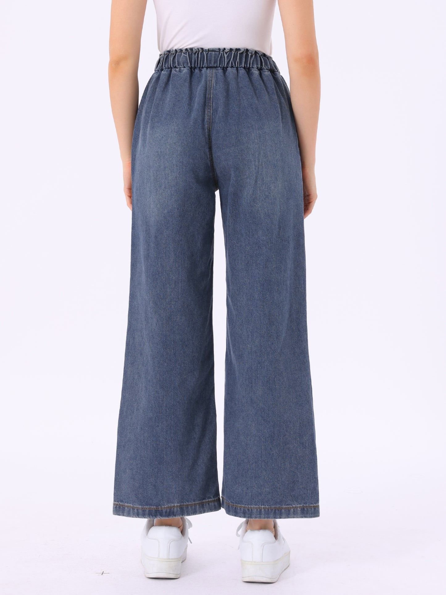 Women's Casual Denim Pants Baggy Drawstring Elastic Waist Wide Legs Jeans
