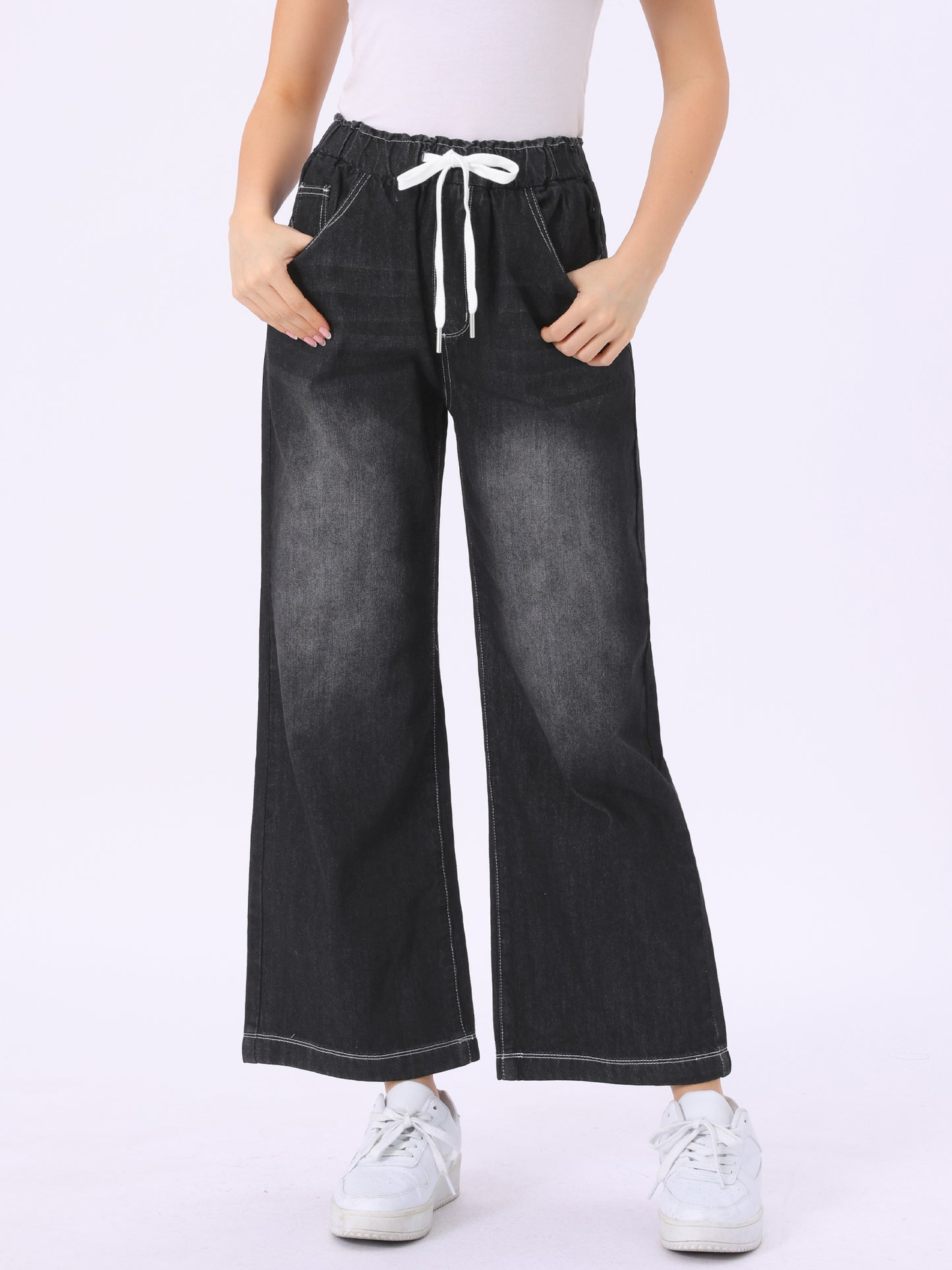 Pantalones vaqueros casuales para mujer, holgados, con cordón ajustable, cintura elástica y piernas anchas.