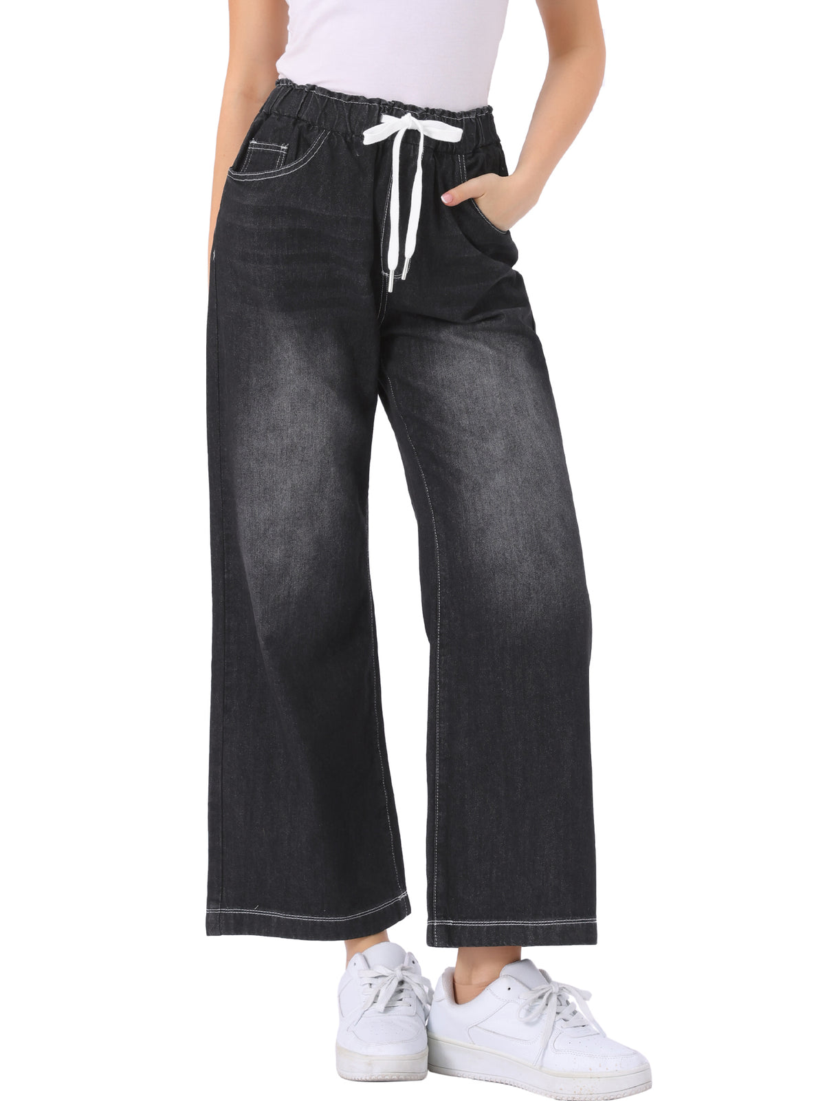 Women's Casual Denim Pants Baggy Drawstring Elastic Waist Wide Legs Jeans