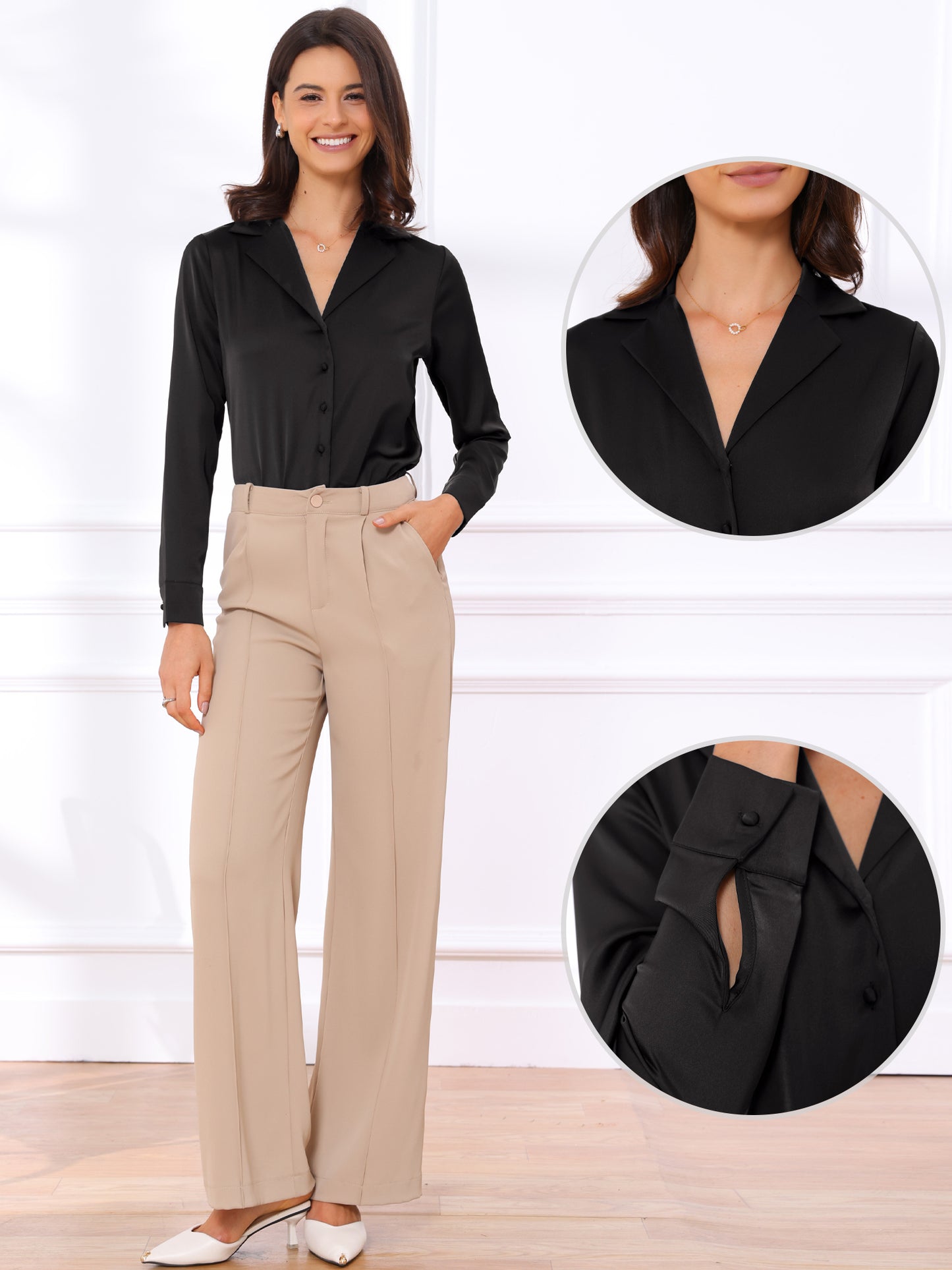 Women's Button Up Leotard Shirt Satin Long Sleeve Notched Lapel Business Work Bodysuit