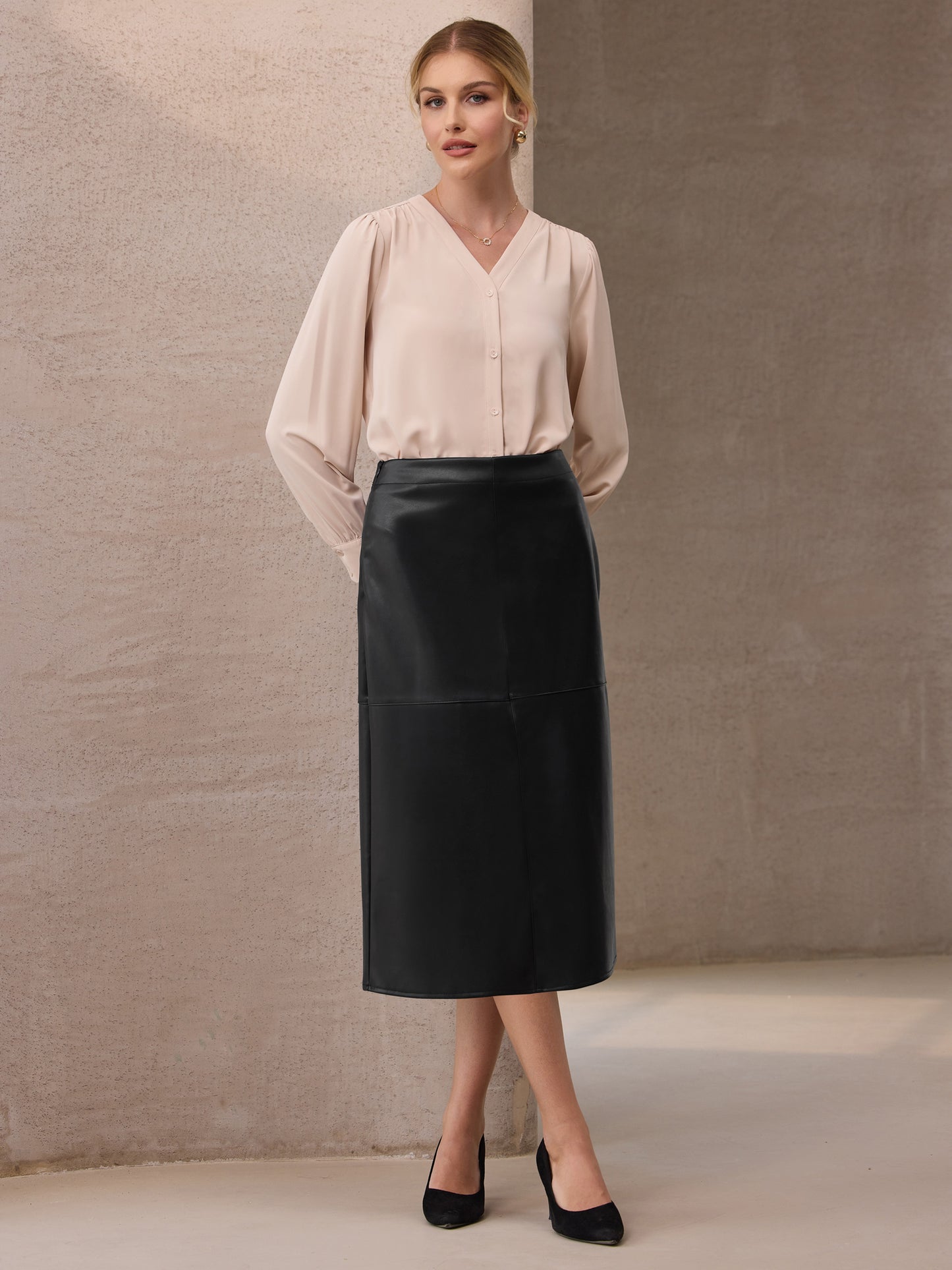 Women's Faux Leather PU High Waist Business Casual Knee Length Skirt