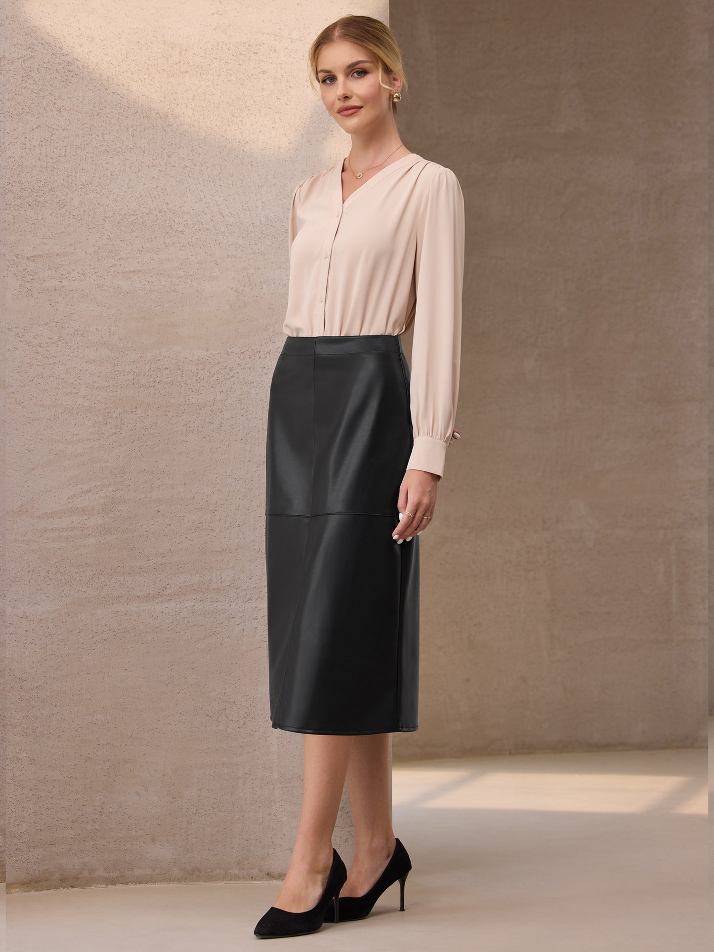 Women's Faux Leather PU High Waist Business Casual Knee Length Skirt