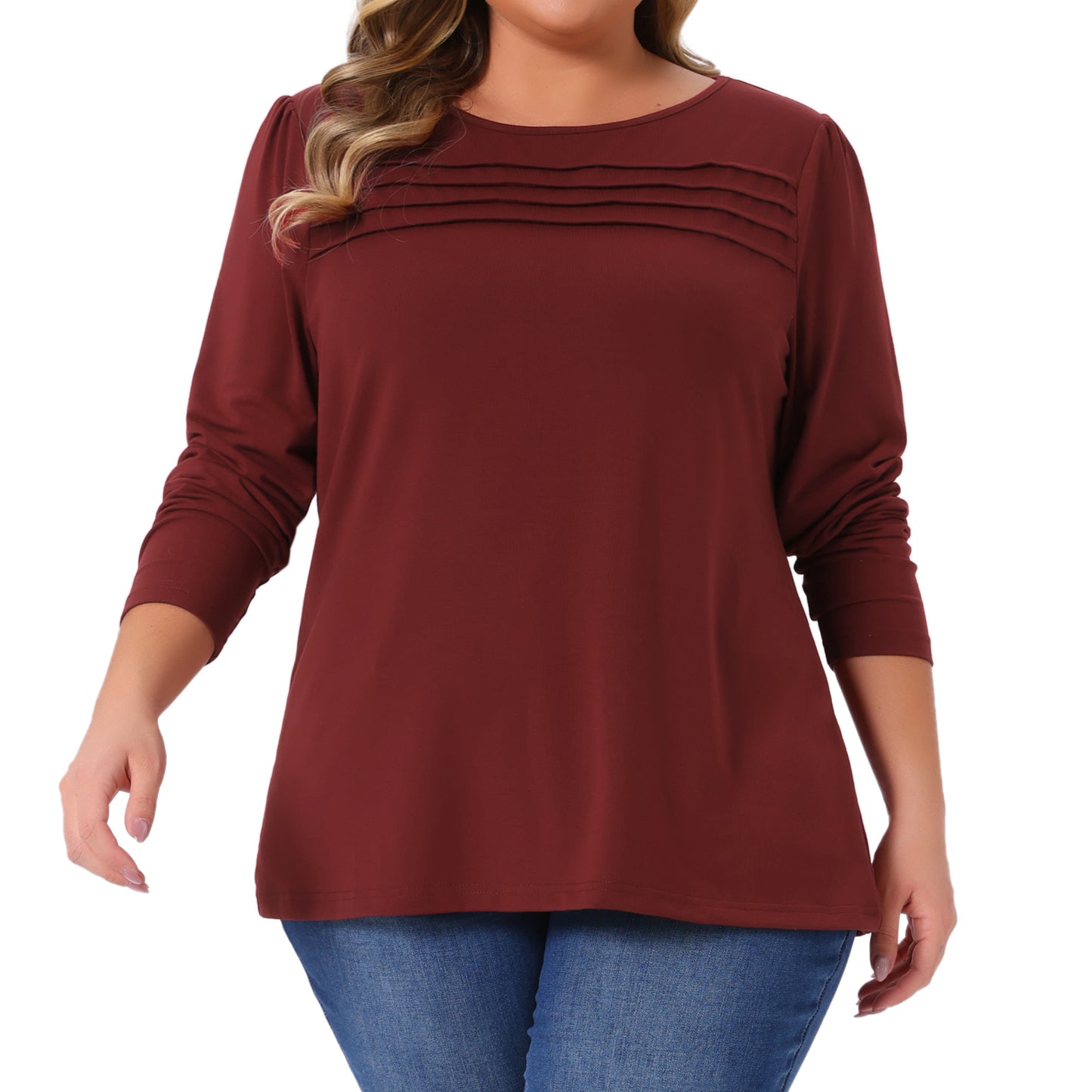 Women's Plus Size Long Sleeve Top Crew Neck Front Tucks Detail Blouse