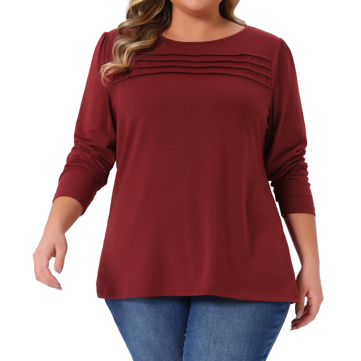 Women's Plus Size Long Sleeve Top Crew Neck Front Tucks Detail Blouse