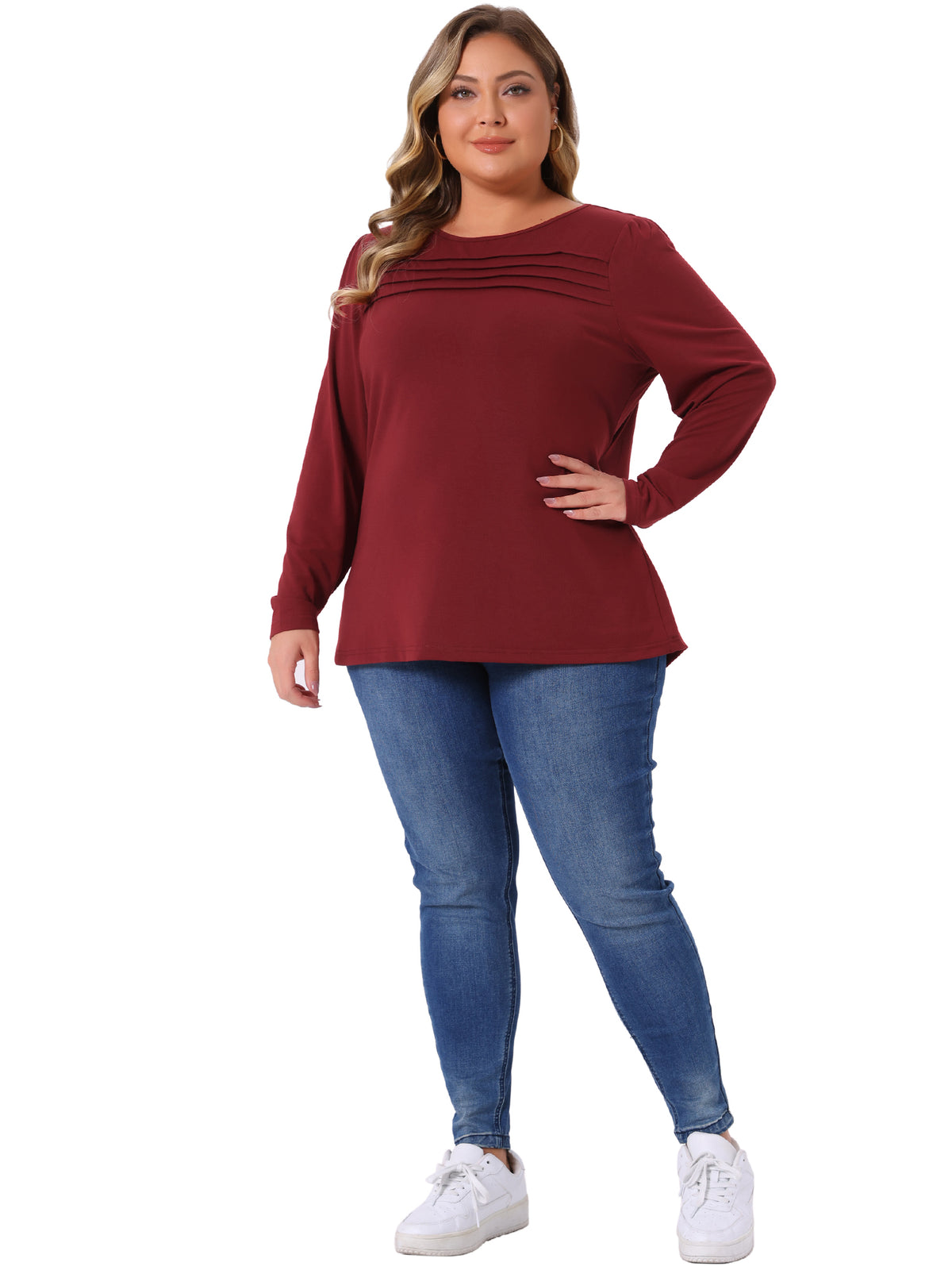 Women's Plus Size Long Sleeve Top Crew Neck Front Tucks Detail Blouse