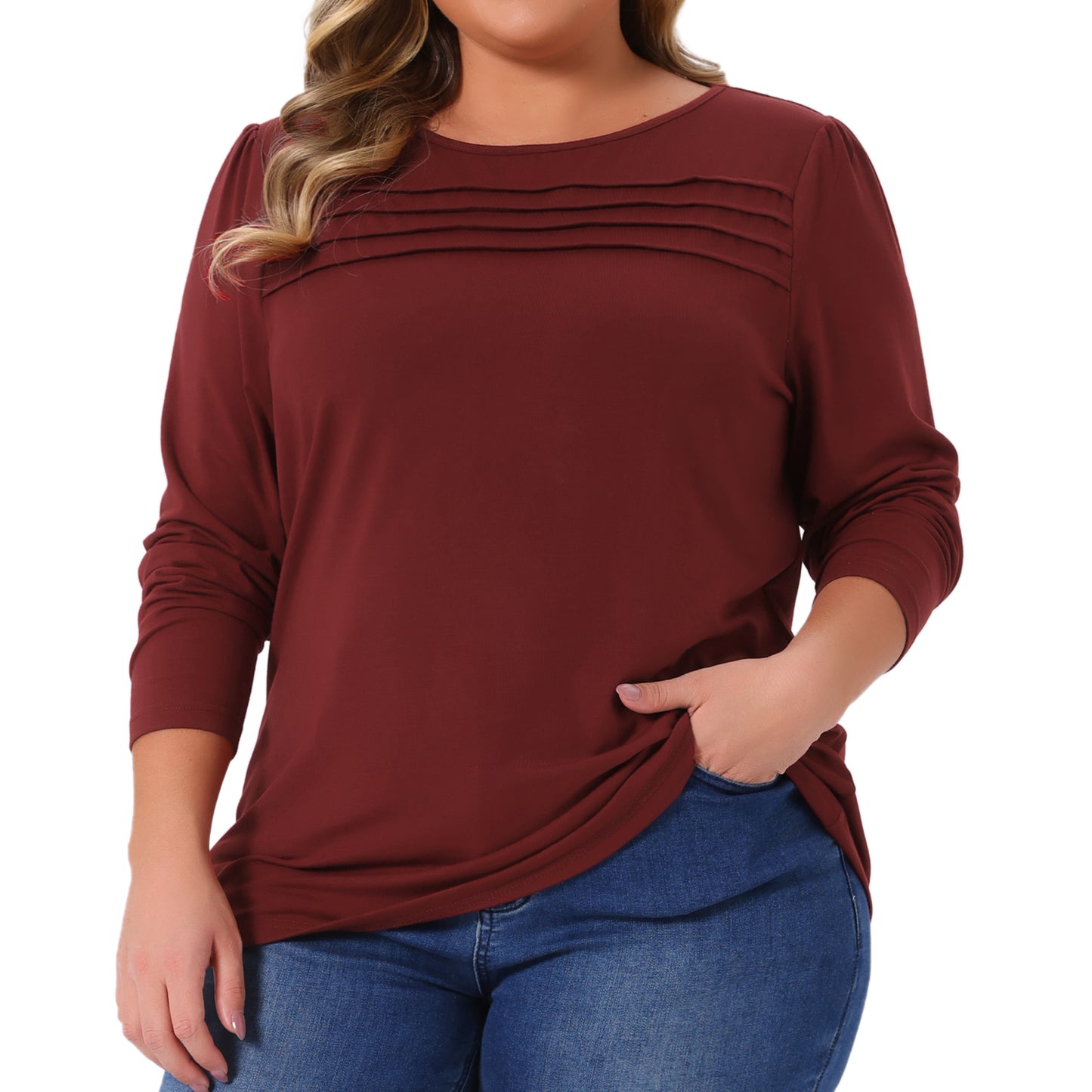Women's Plus Size Long Sleeve Top Crew Neck Front Tucks Detail Blouse