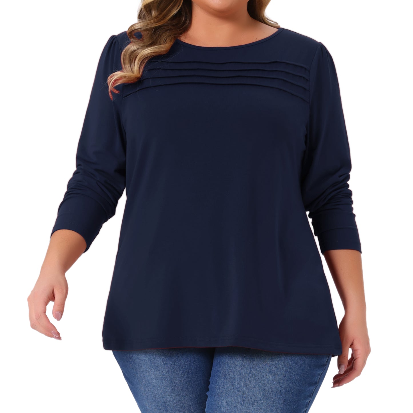Women's Plus Size Long Sleeve Top Crew Neck Front Tucks Detail Blouse