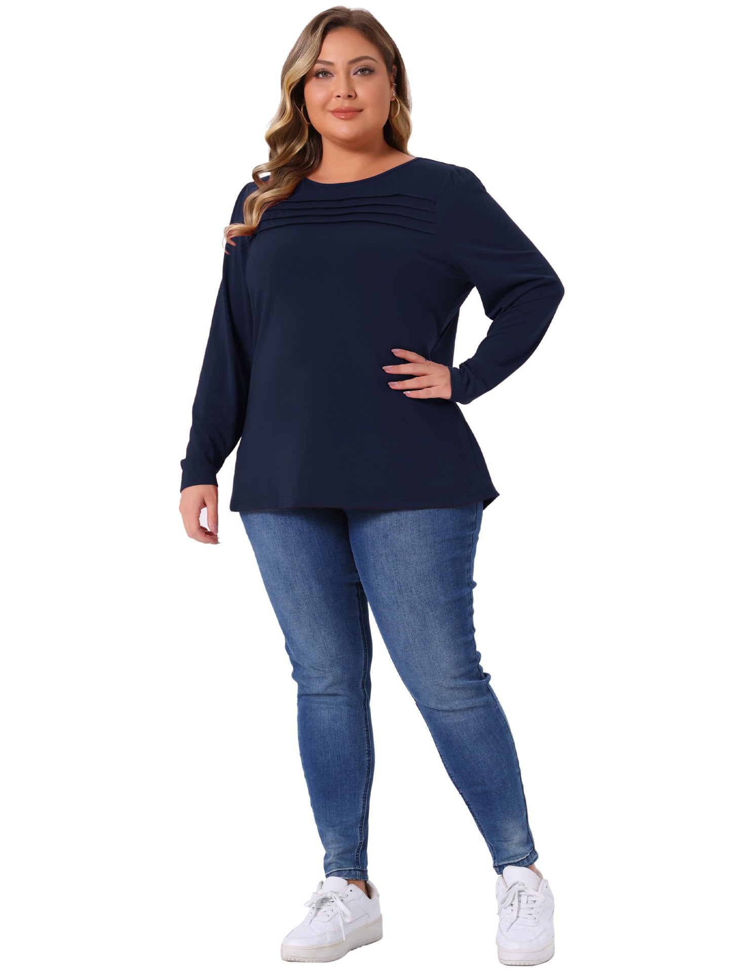 Women's Plus Size Long Sleeve Top Crew Neck Front Tucks Detail Blouse