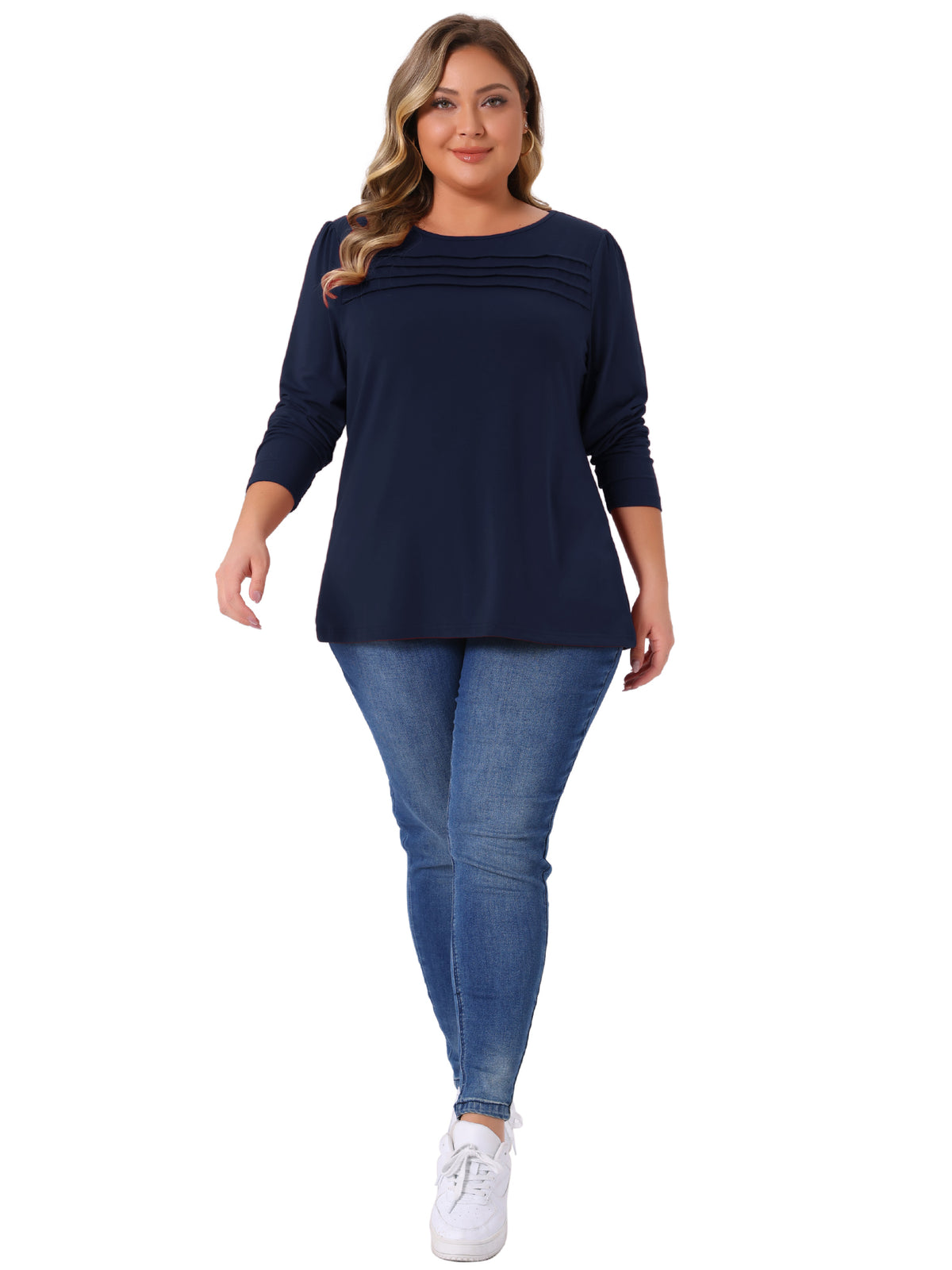 Women's Plus Size Long Sleeve Top Crew Neck Front Tucks Detail Blouse