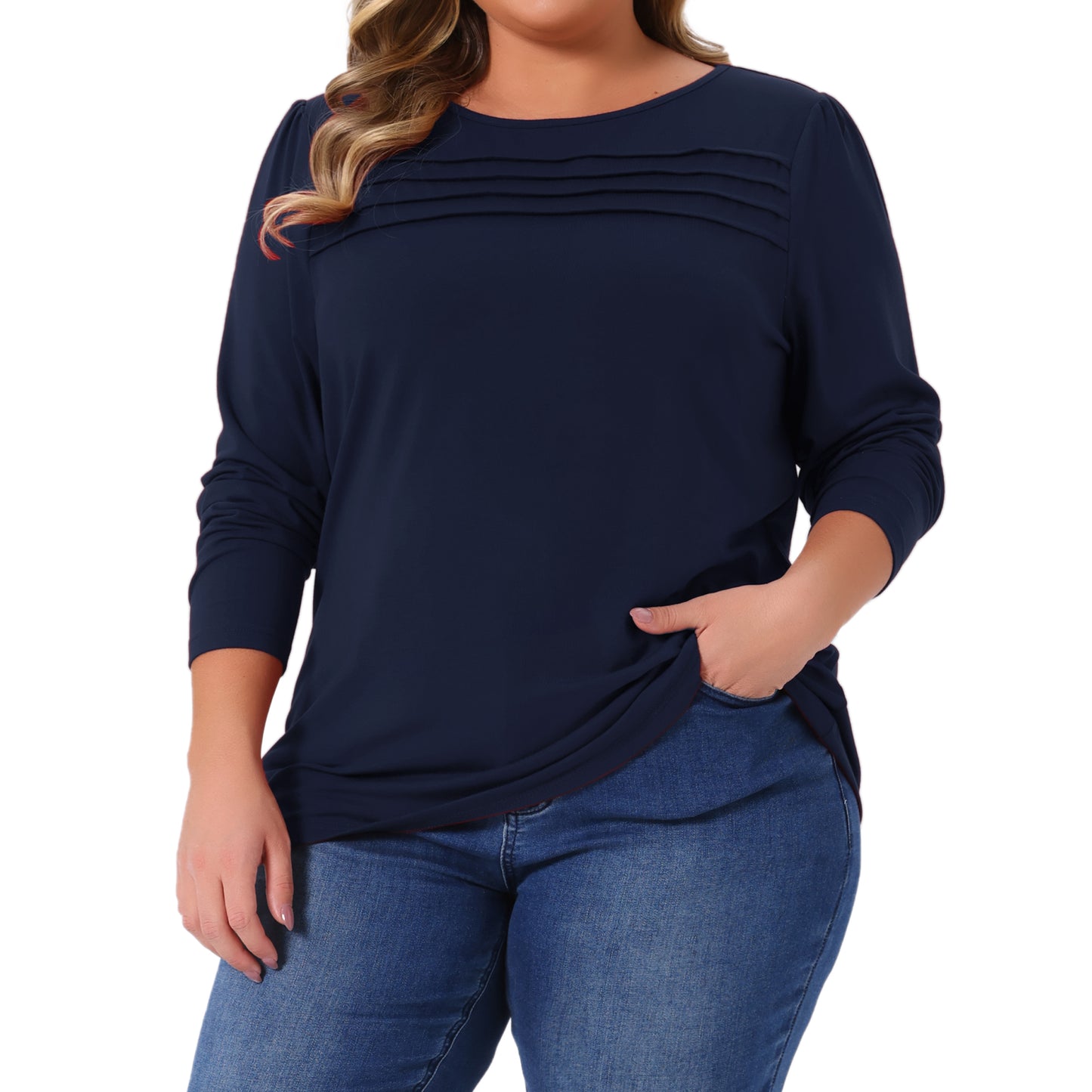 Women's Plus Size Long Sleeve Top Crew Neck Front Tucks Detail Blouse