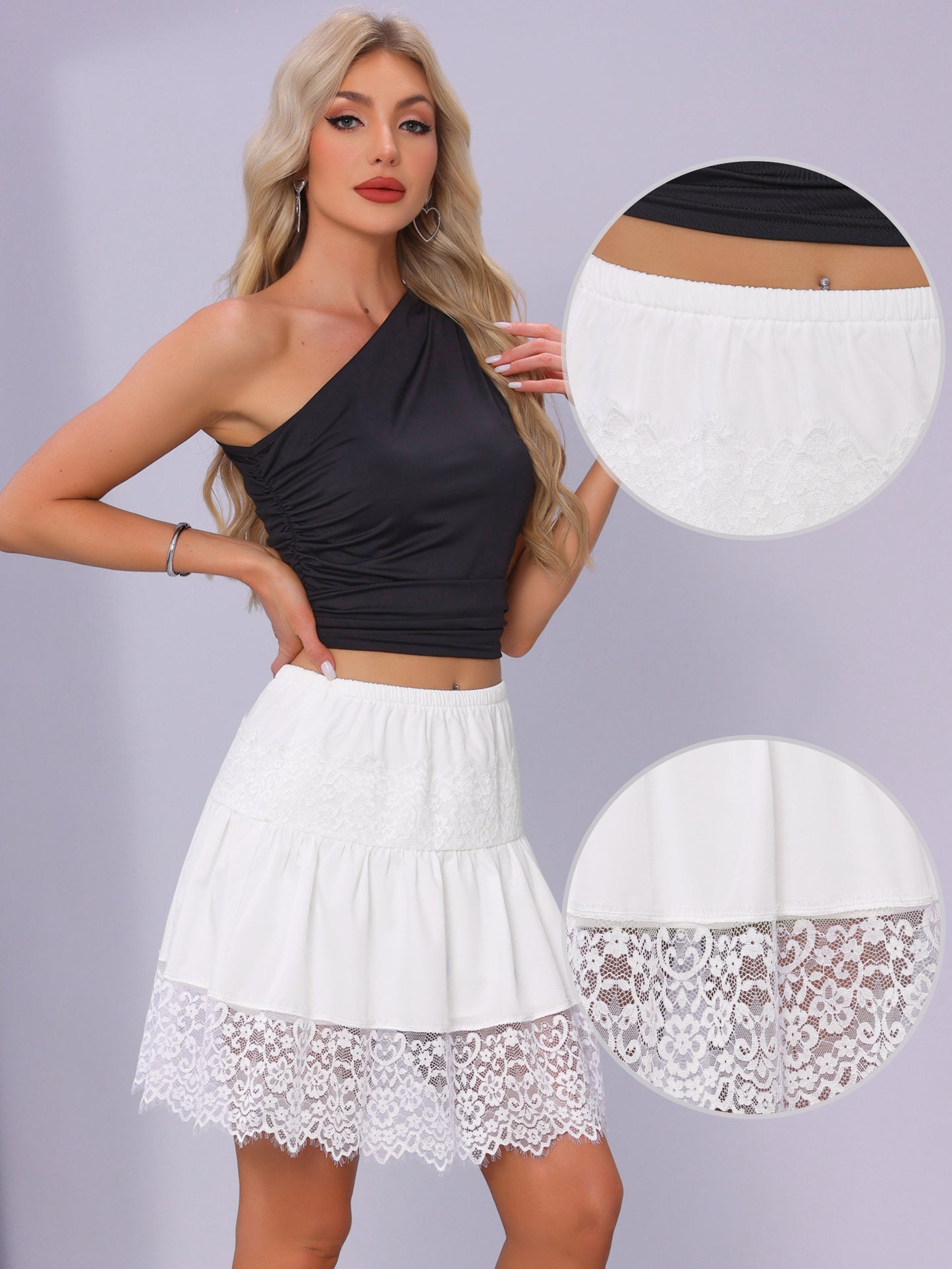 Women's Ruffle Elastic Waist Layered Pleated Flowy A-Line Lace Mini Skirt