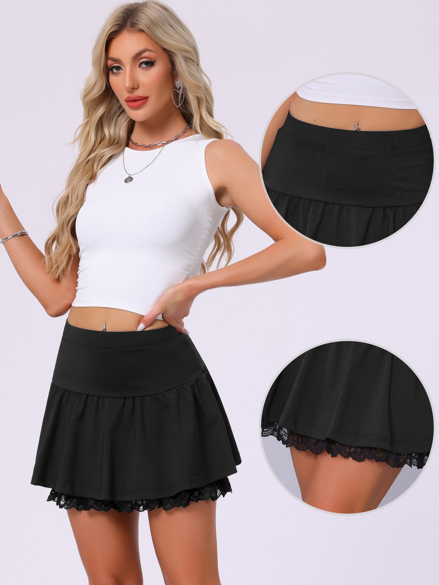 Women's Double-layered Lace Hem Pleated Short Mini Skirt
