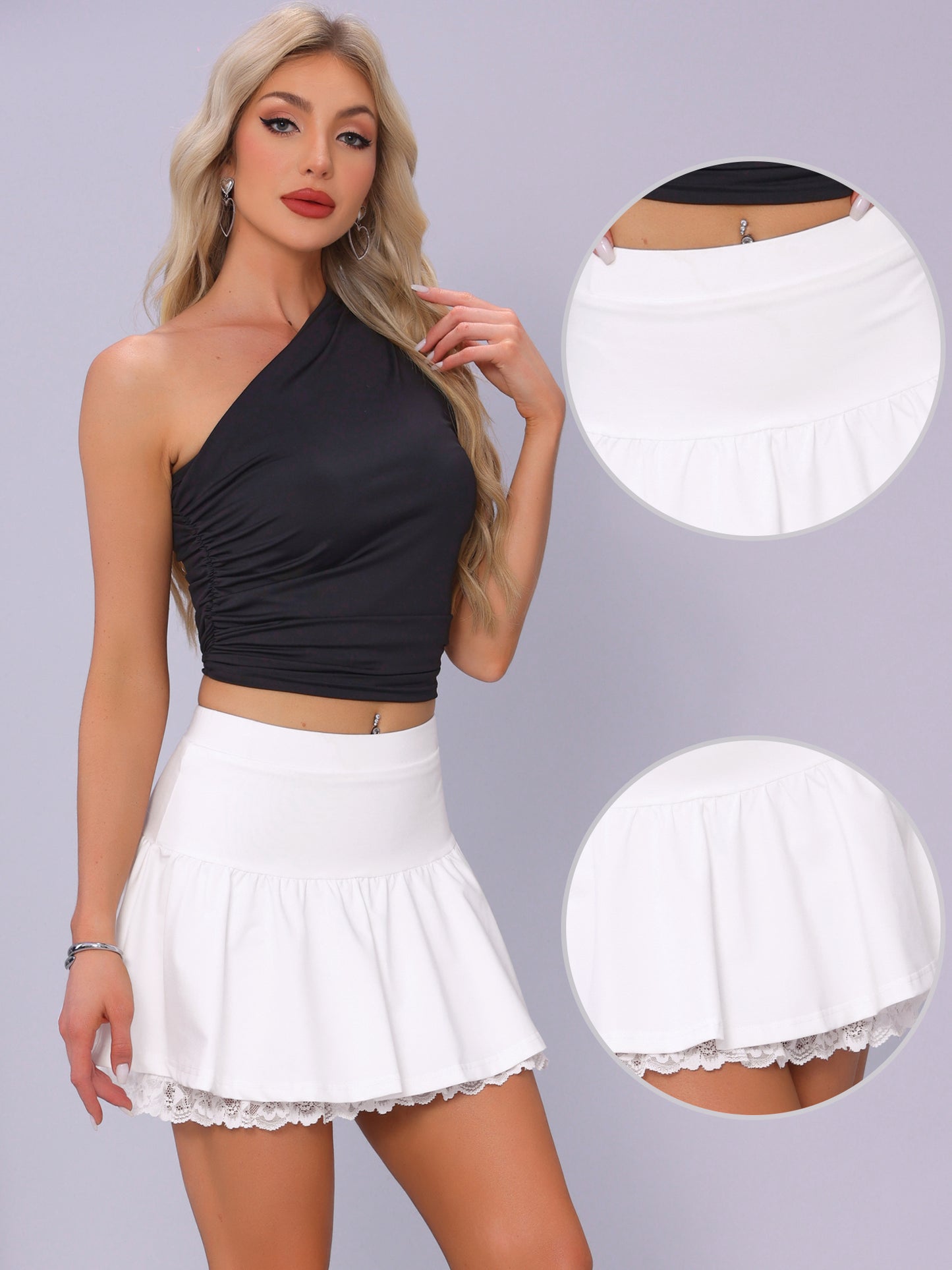 Women's Double-layered Lace Hem Pleated Short Mini Skirt