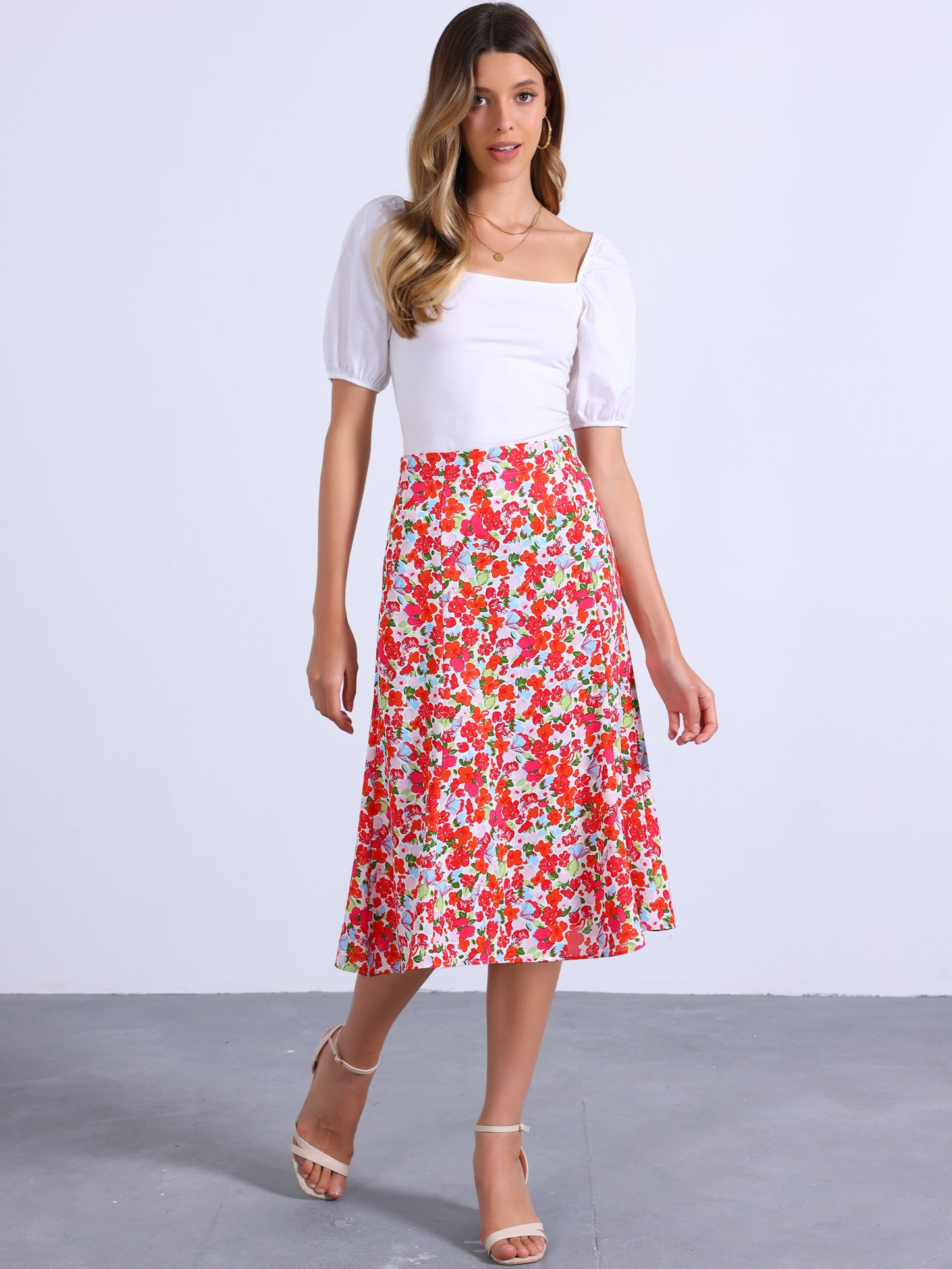 Women's Floral Midi Skirt Peasant Elastic Waist A-Line Ditsy Printed Skirts