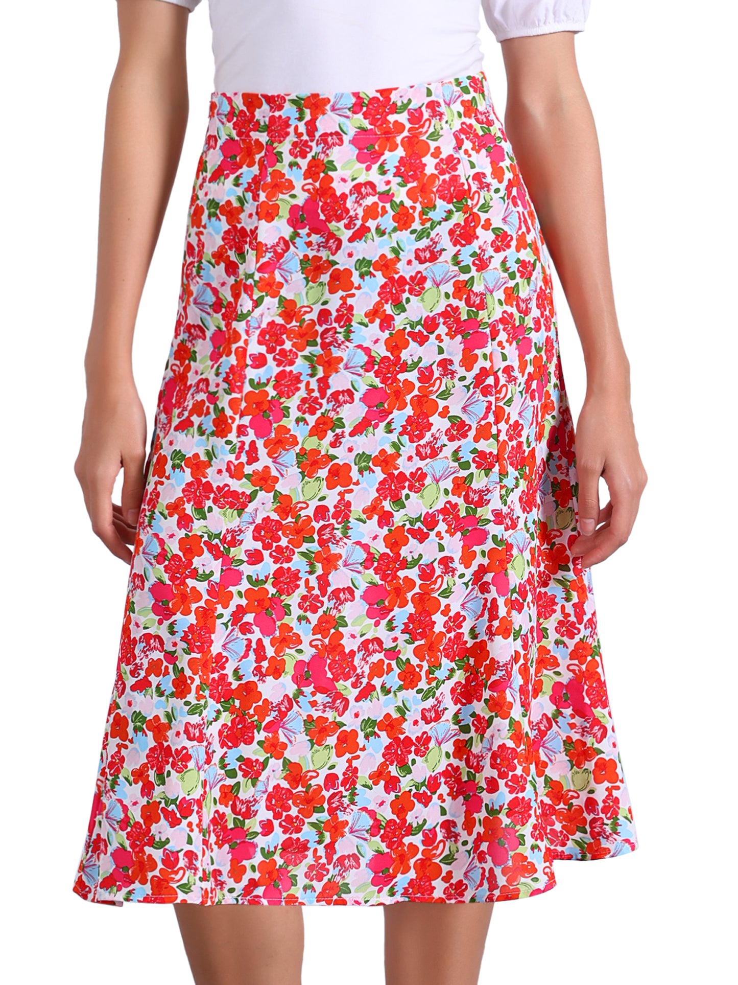 Women's Floral Midi Skirt Peasant Elastic Waist A-Line Ditsy Printed Skirts