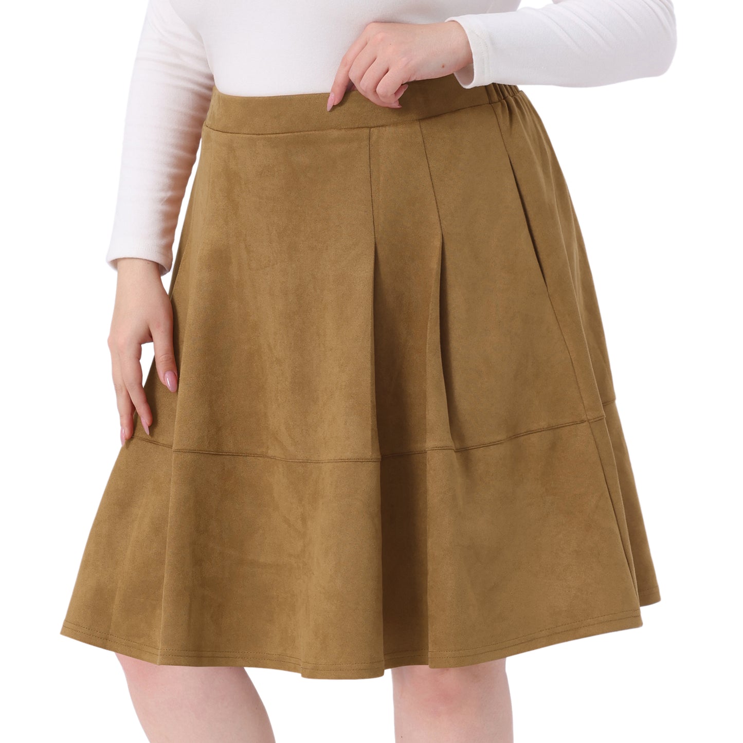 Women Plus Size Faux Suede Skirt High Waist A Line with Pockets Elastic Midi Skirt